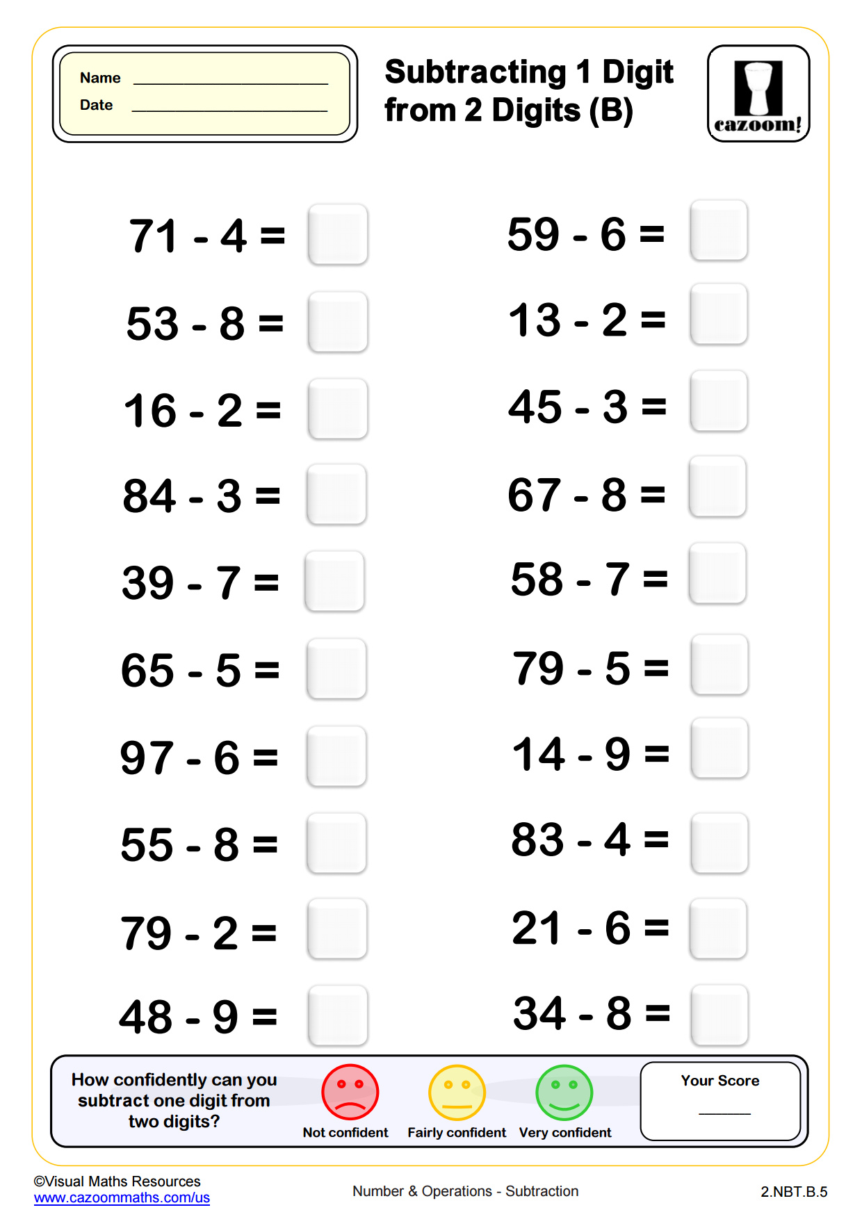 Preview of Subtracting 1 Digit from 2 Digits (B)