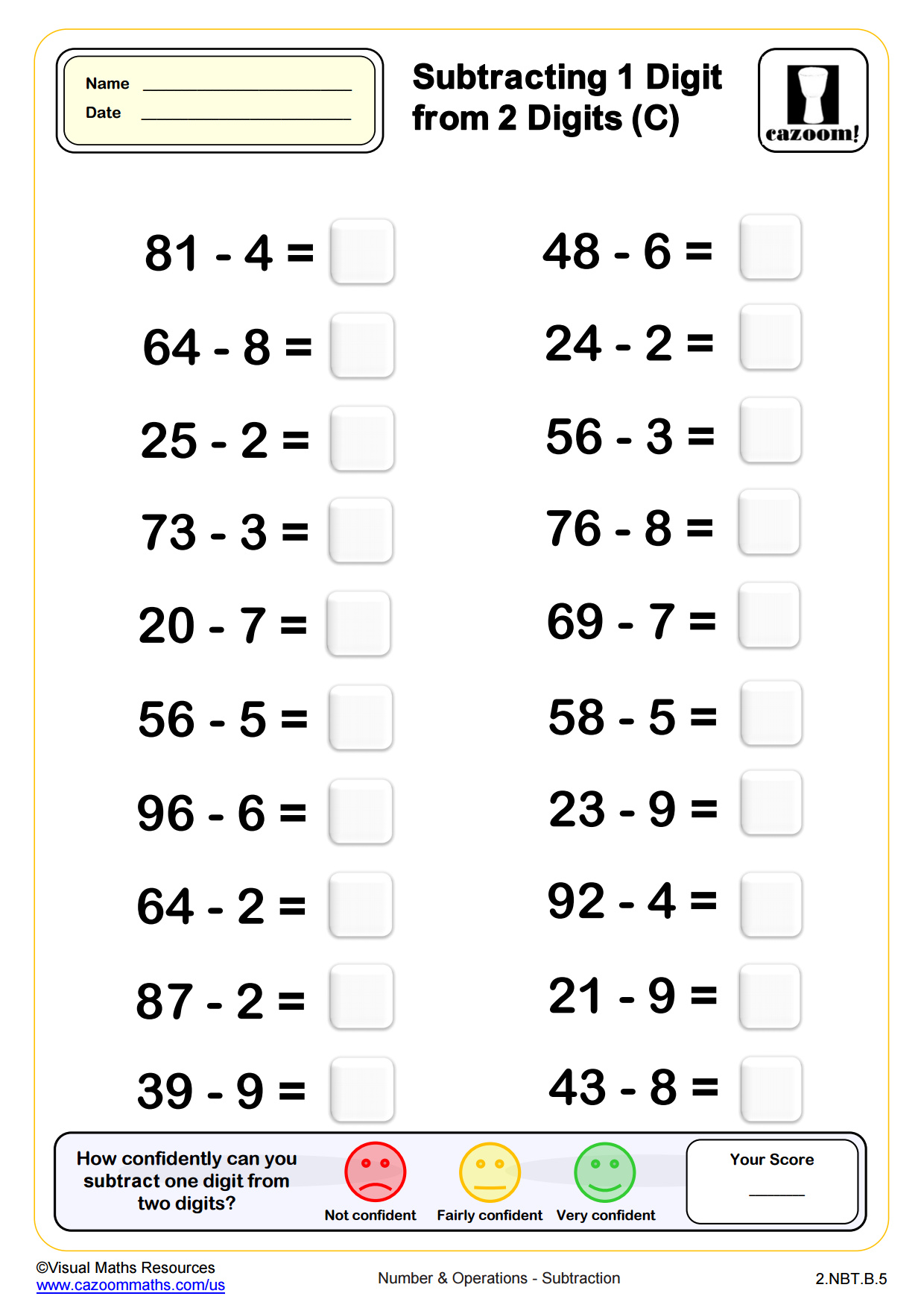 Preview of Subtracting 1 Digit from 2 Digits (C)
