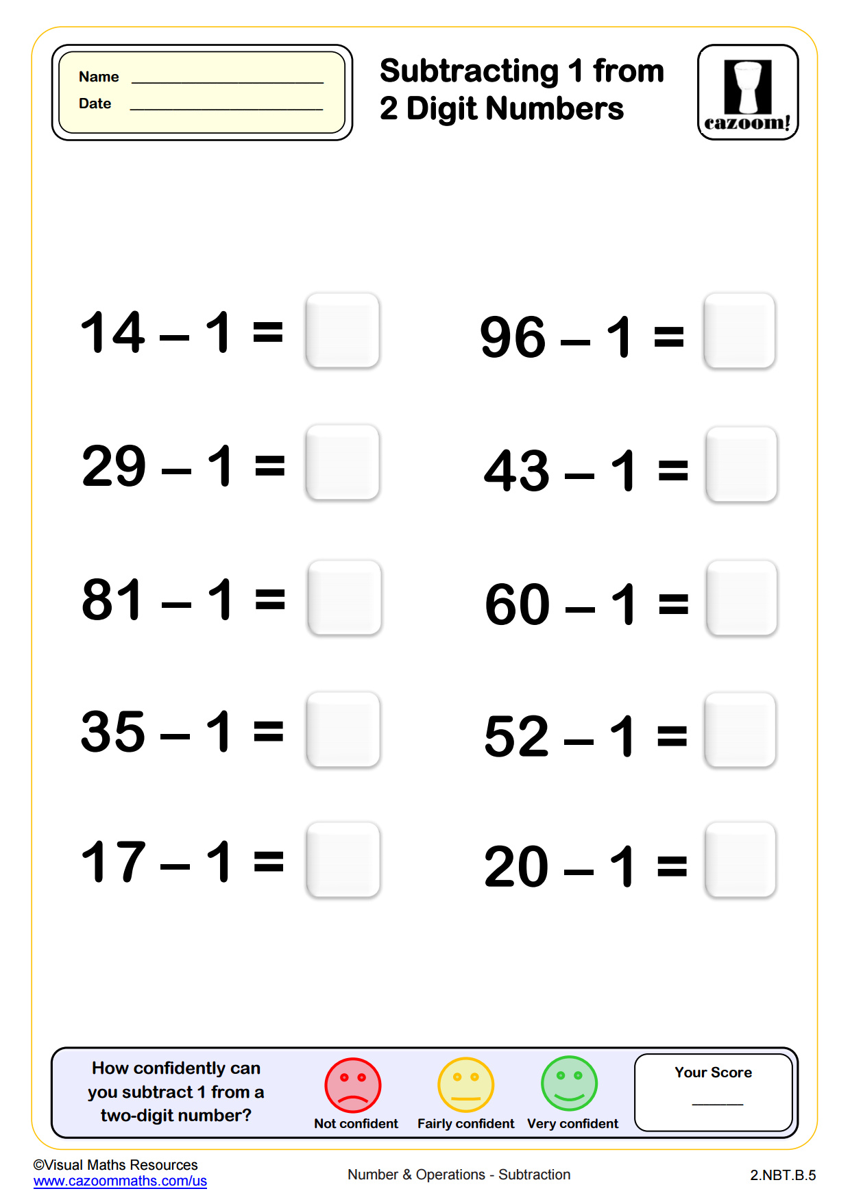 Preview of Subtracting 1 from two digit numbers (10 questions)