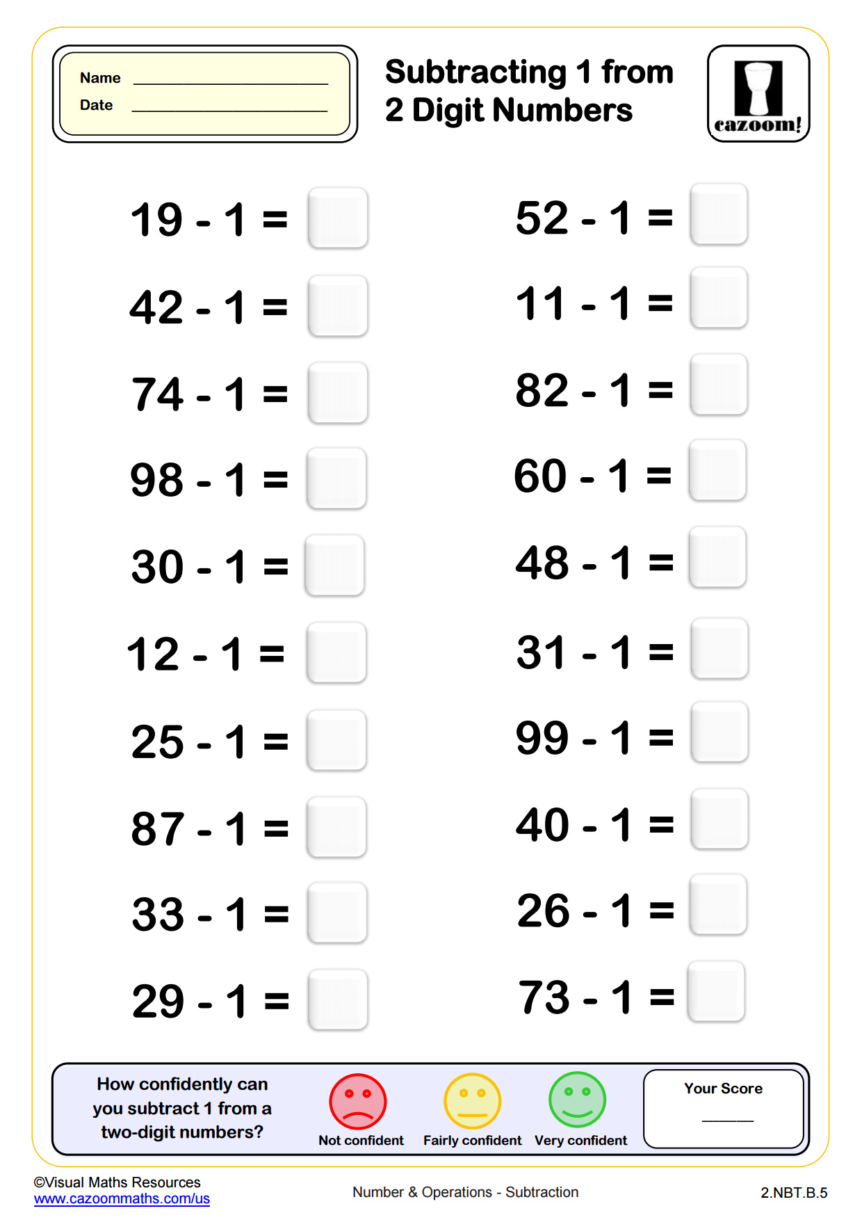 Preview of Subtracting 1 from two digit numbers (20 questions)
