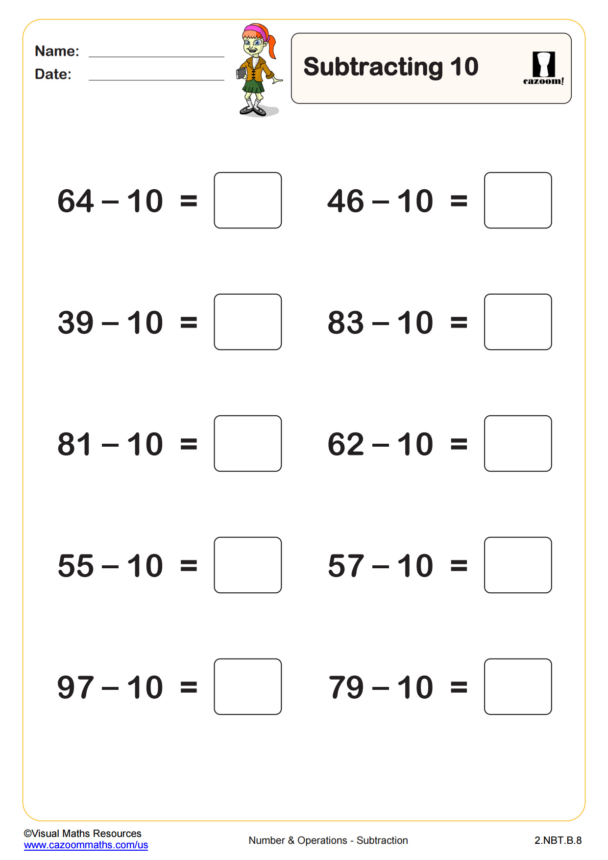 Preview of Subtracting 10 (10 questions)