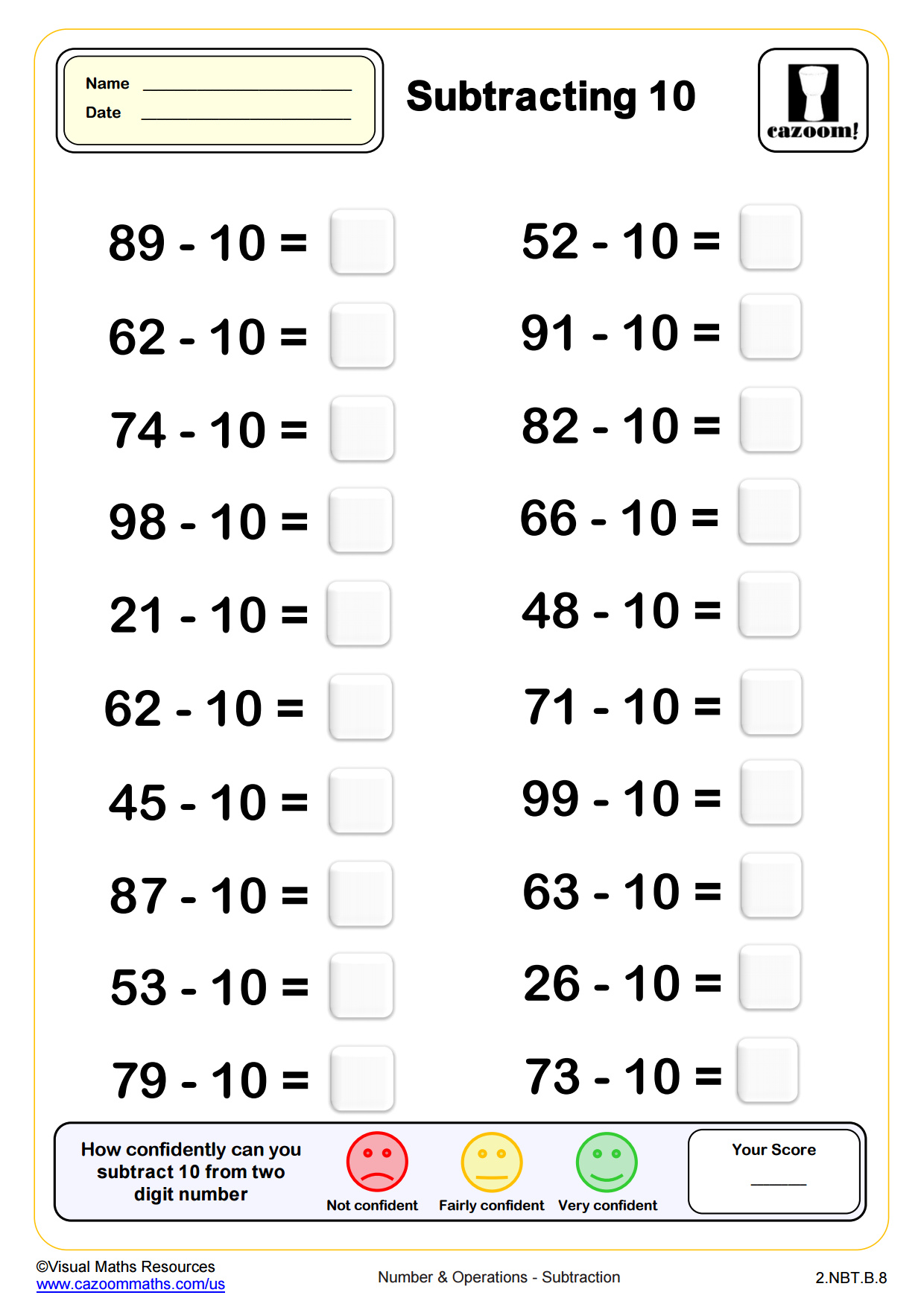 Preview of Subtracting 10 (20 questions)