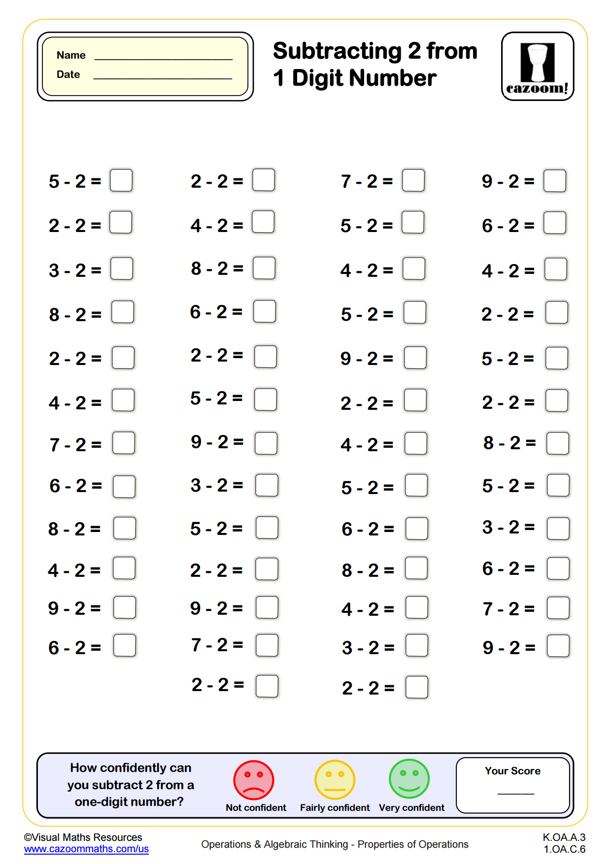 Preview of Subtracting 2 (50 questions)