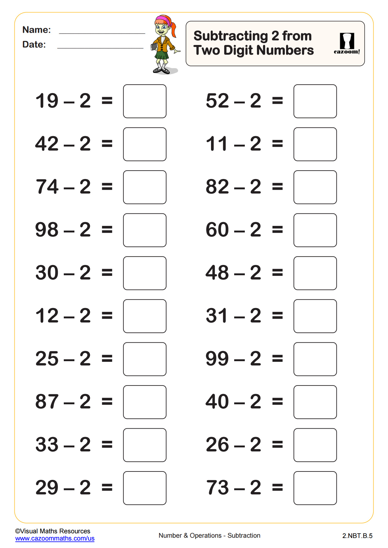 Preview of Subtracting 2 from two digit numbers (20 questions)
