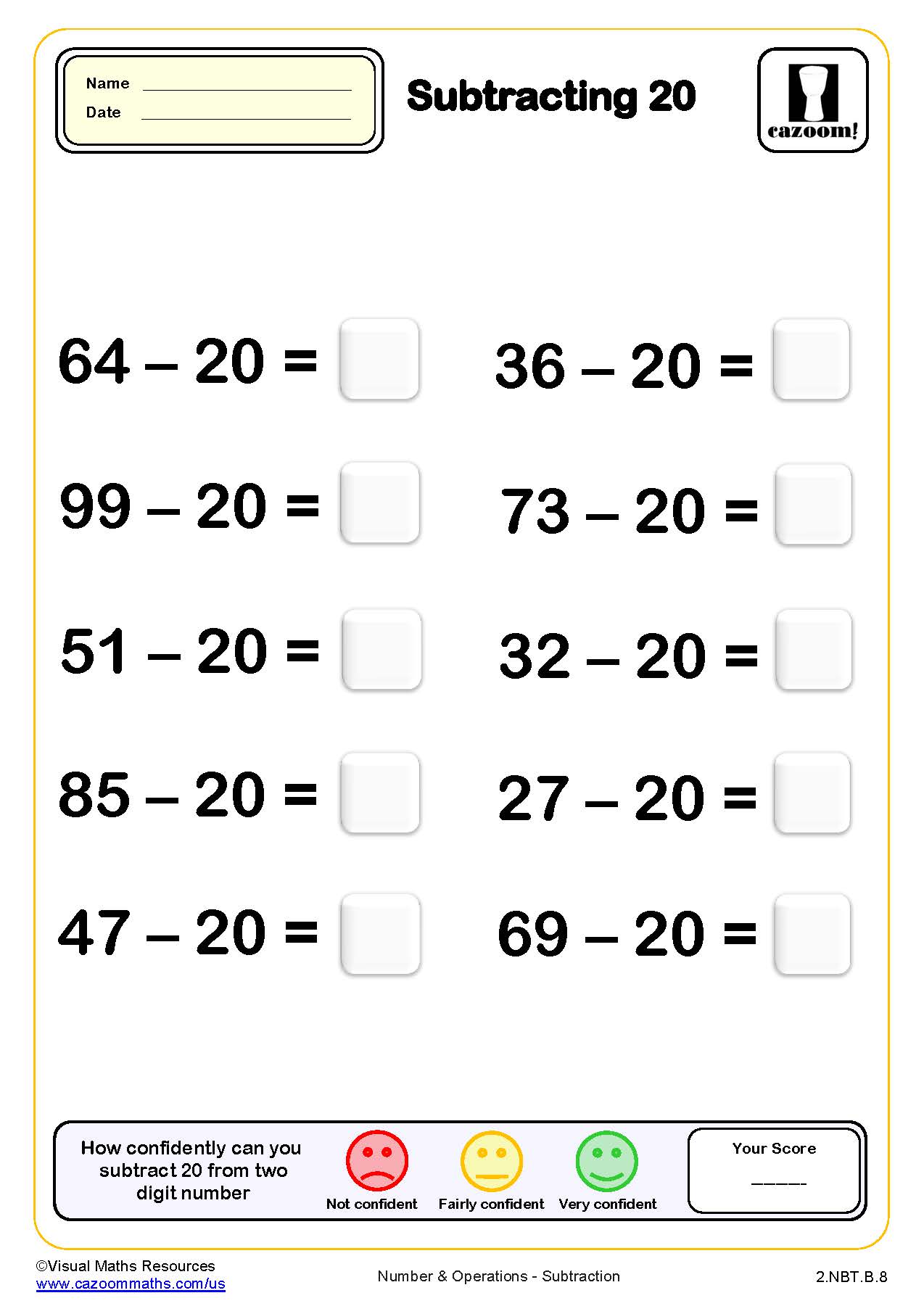 Preview of Subtracting 20 (10 questions)