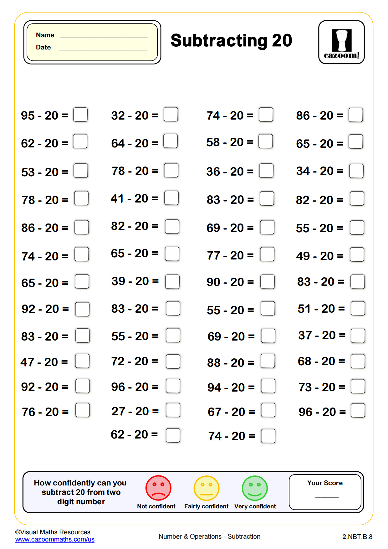 Preview of Subtracting 20 (50 questions)