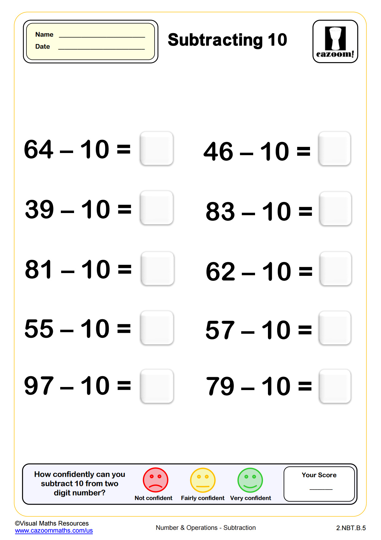 Preview of Subtracting 3 from Two Digit Numbers (10 questions)