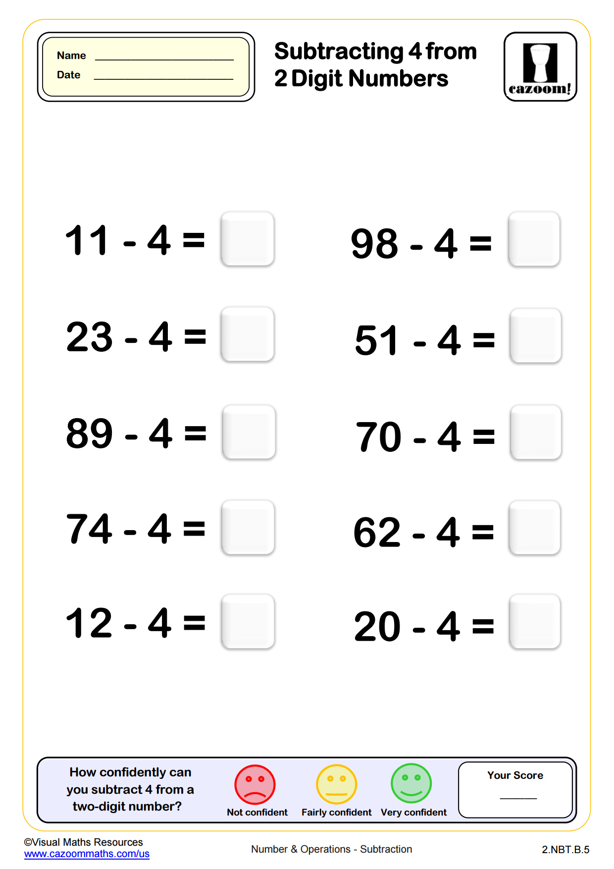 Preview of Subtracting 4 from Two Digit Numbers (10 questions)