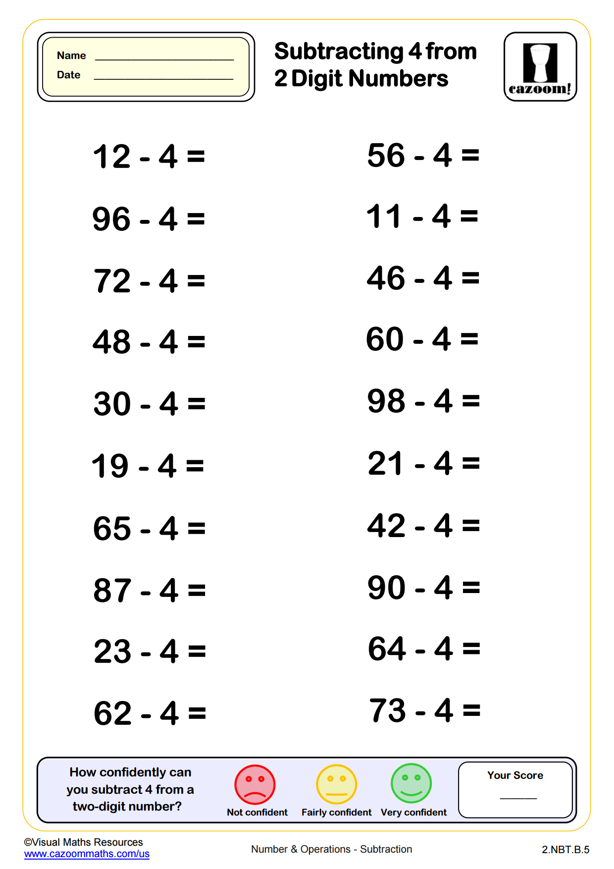 Preview of Subtracting 4 from Two Digit Numbers (20 questions)
