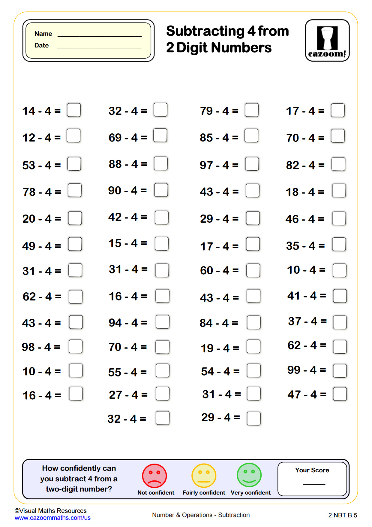 Preview of Subtracting 4 from Two Digit Numbers (50 questions)