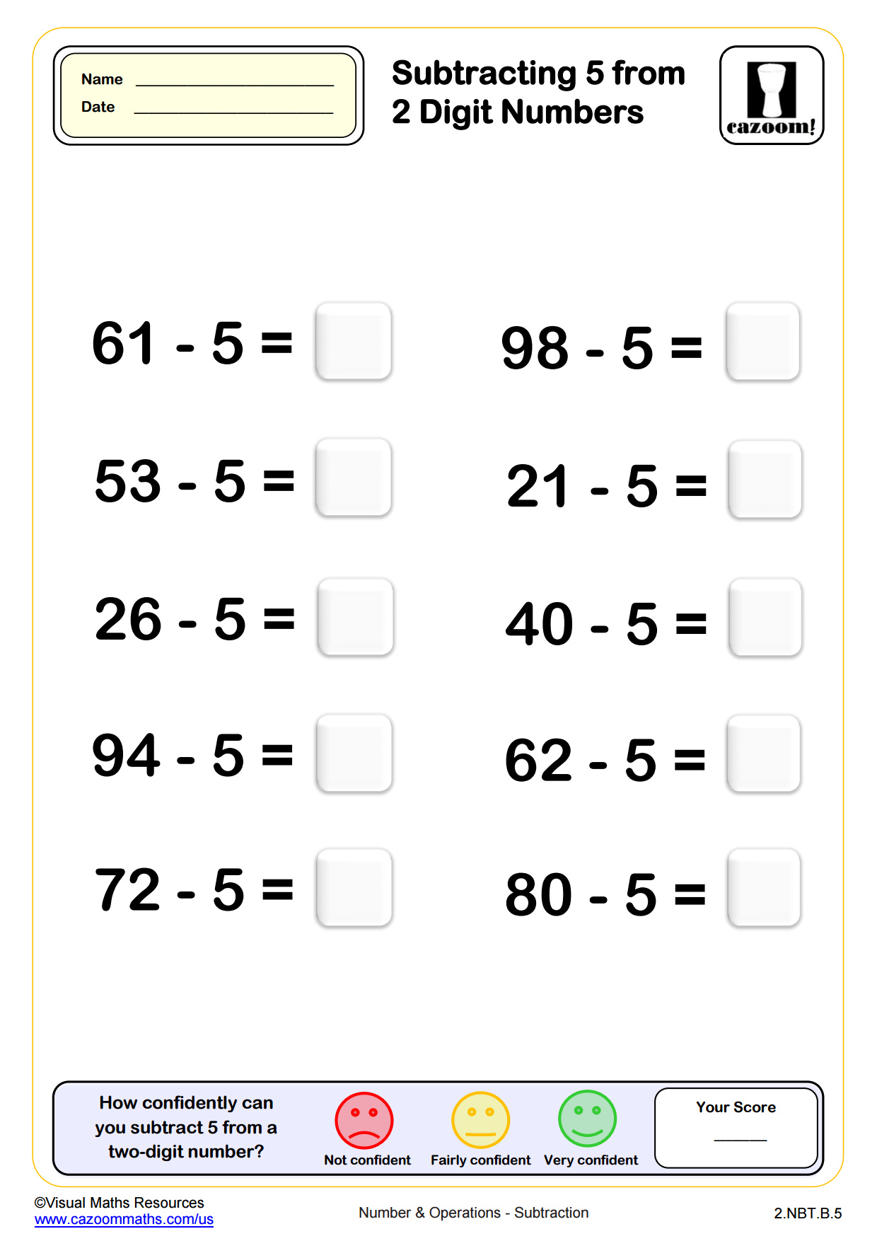 Preview of Subtracting 5 from Two Digit Numbers (10 questions)