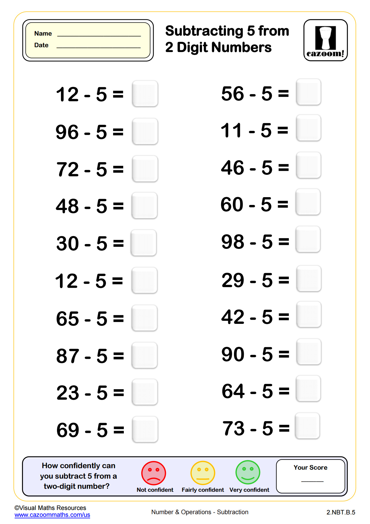 Preview of Subtracting 5 from Two Digit Numbers (20 questions)