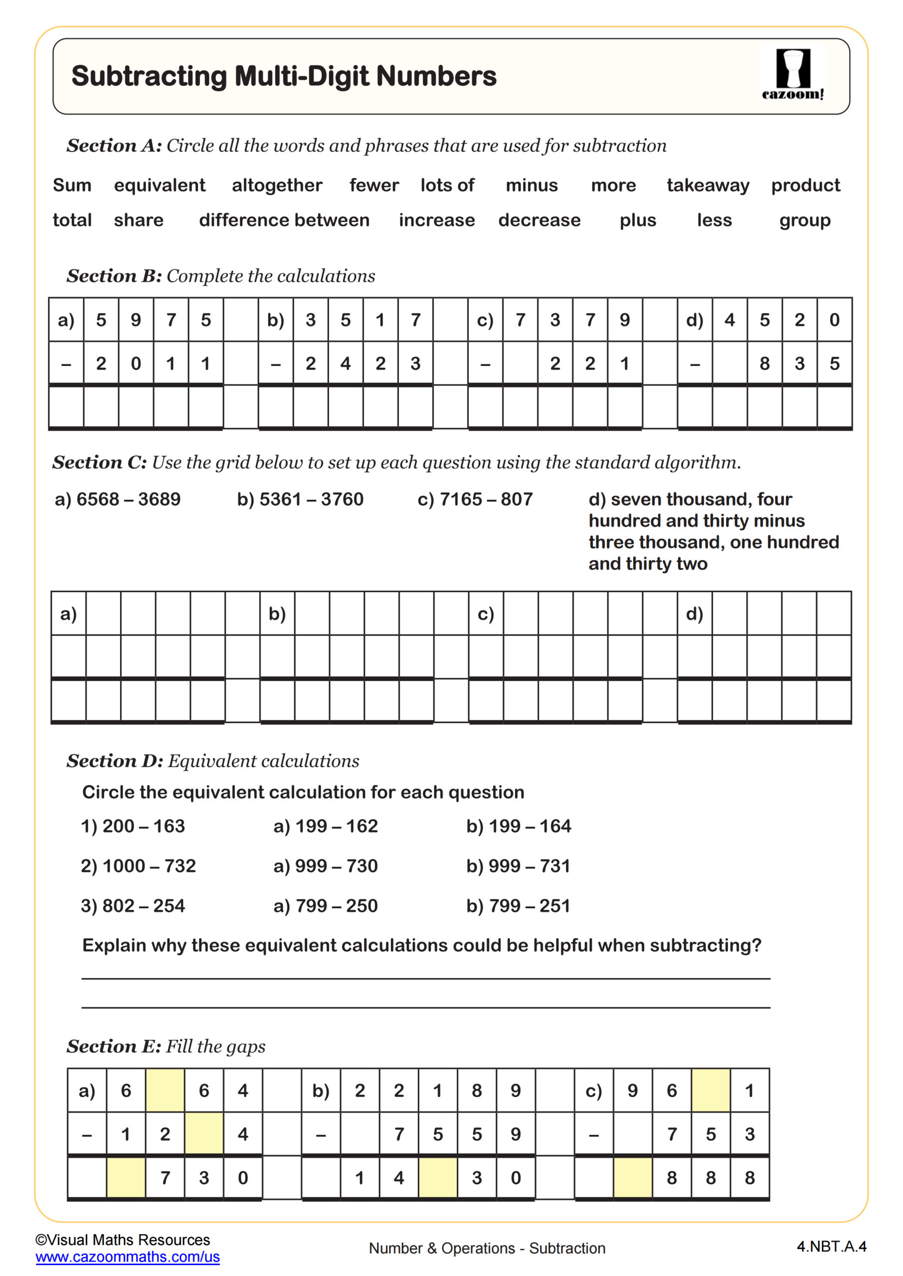 Preview of Subtracting Multi-Digit Numbers