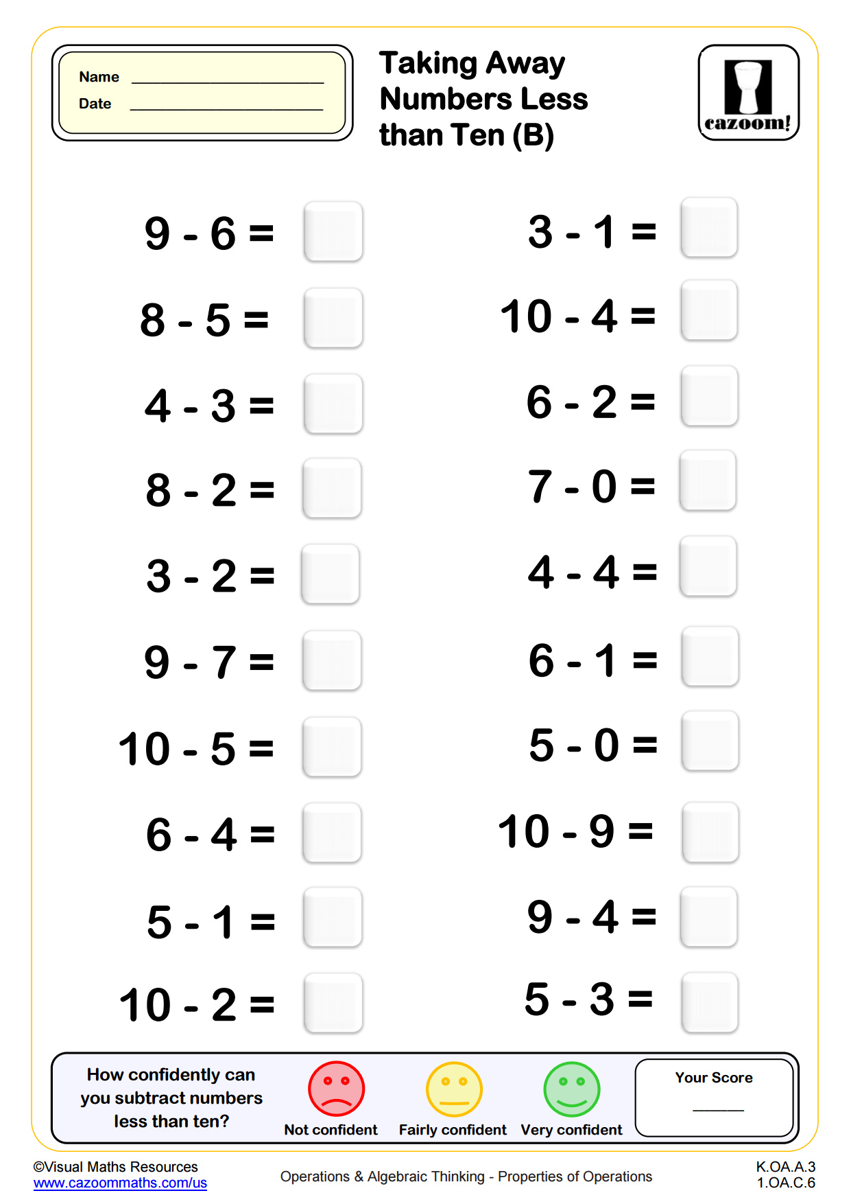 Preview of Subtracting Numbers Less Than 10 (B)