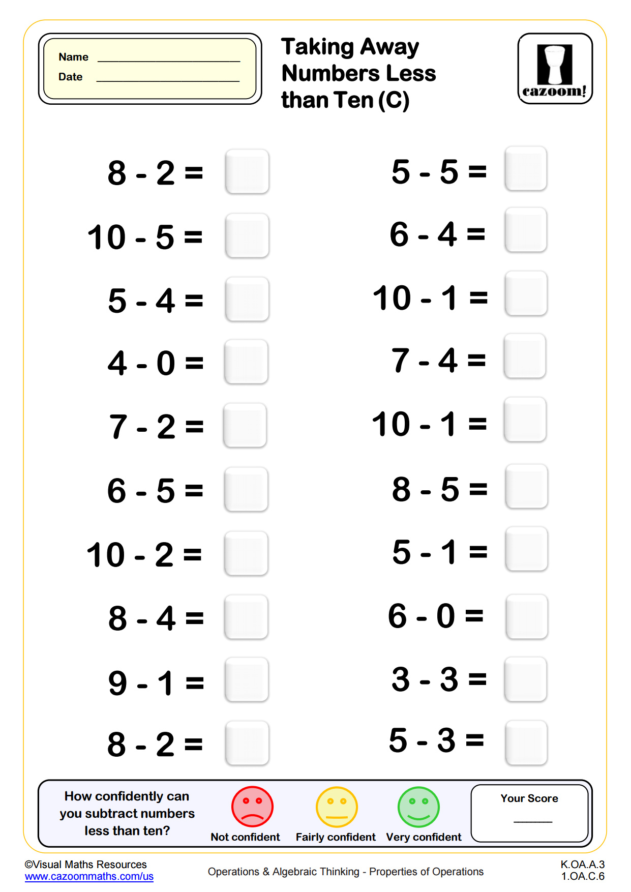 Preview of Subtracting Numbers Less Than 10 (C)