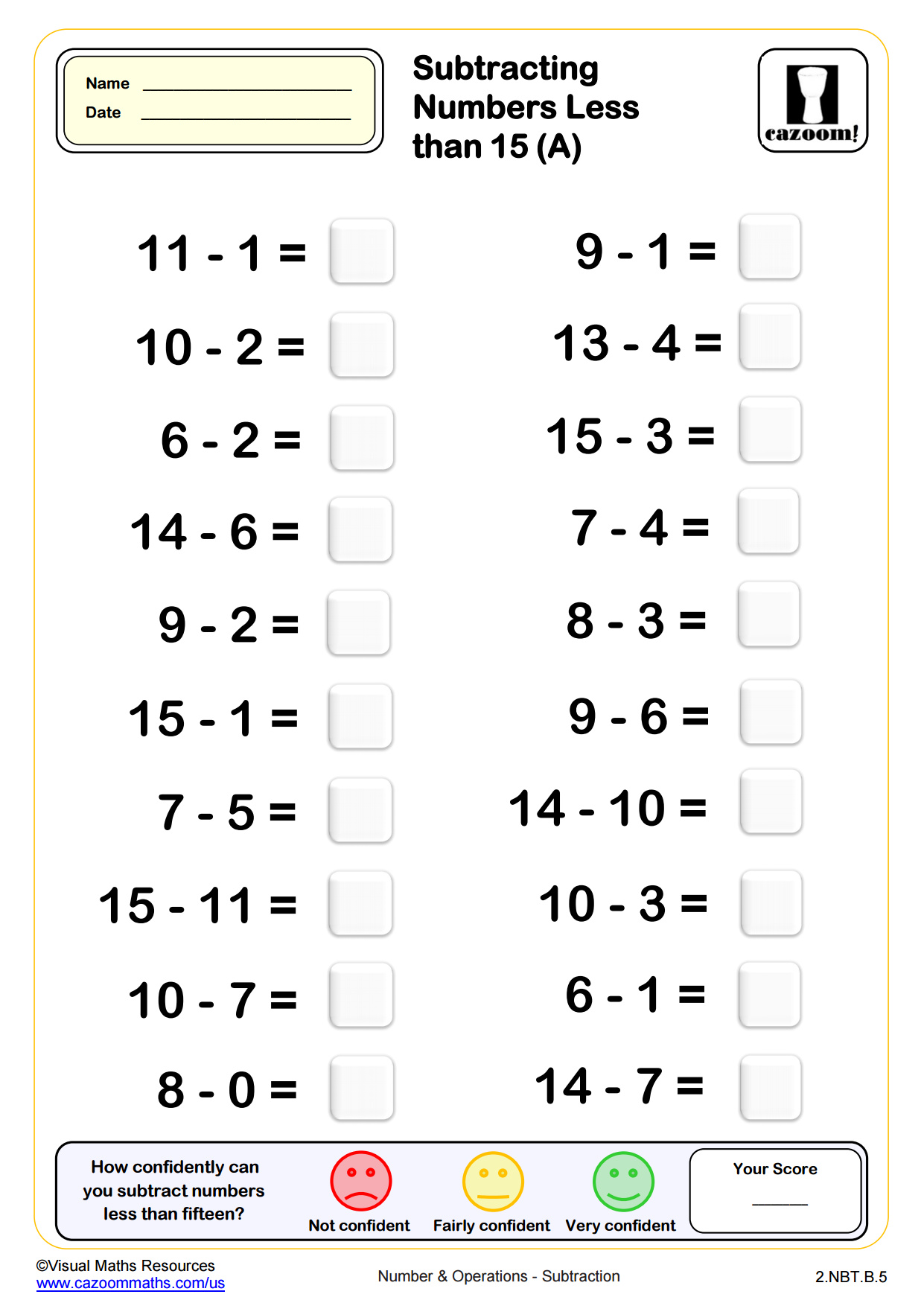 Preview of Subtracting Numbers Less Than 15 (A)