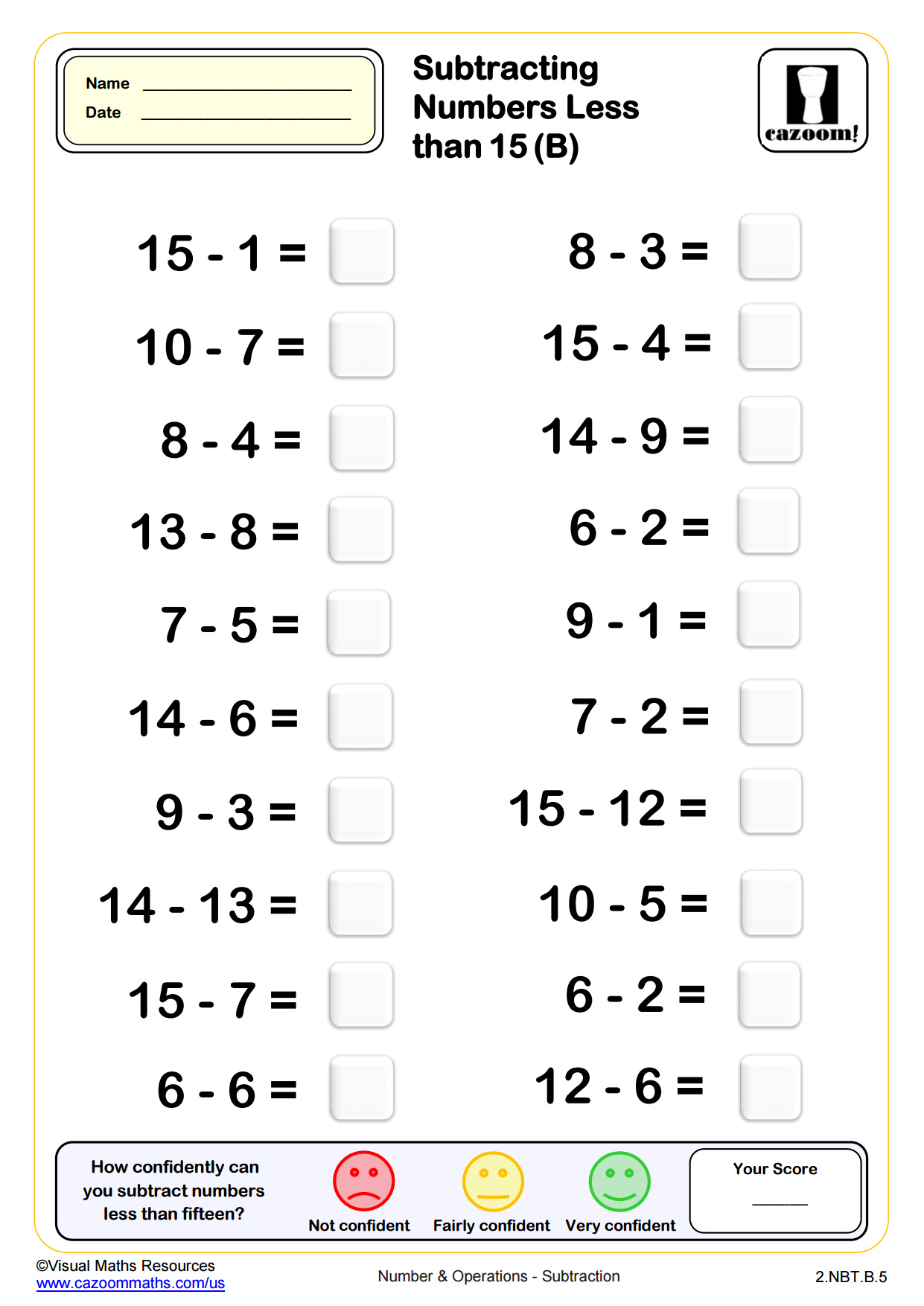 Preview of Subtracting Numbers Less Than 15 (B)