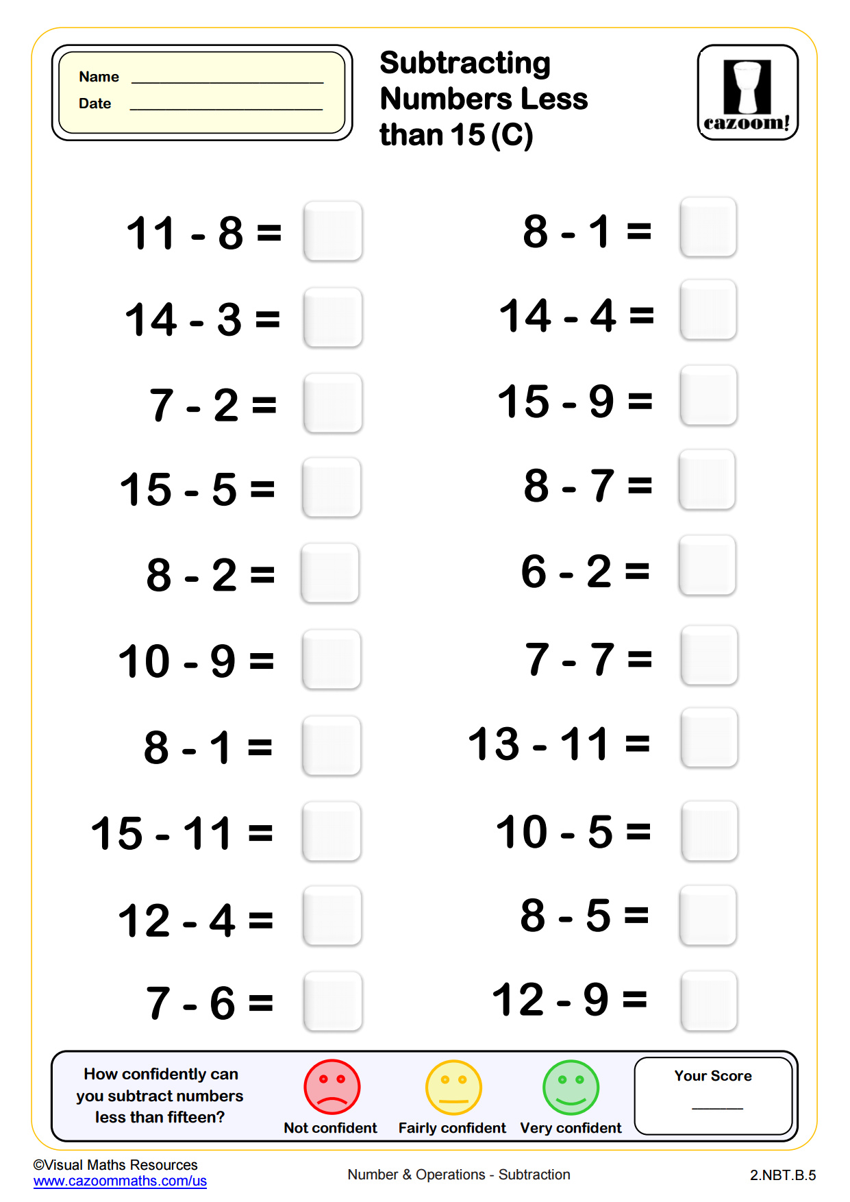 Preview of Subtracting Numbers Less Than 15 (C)