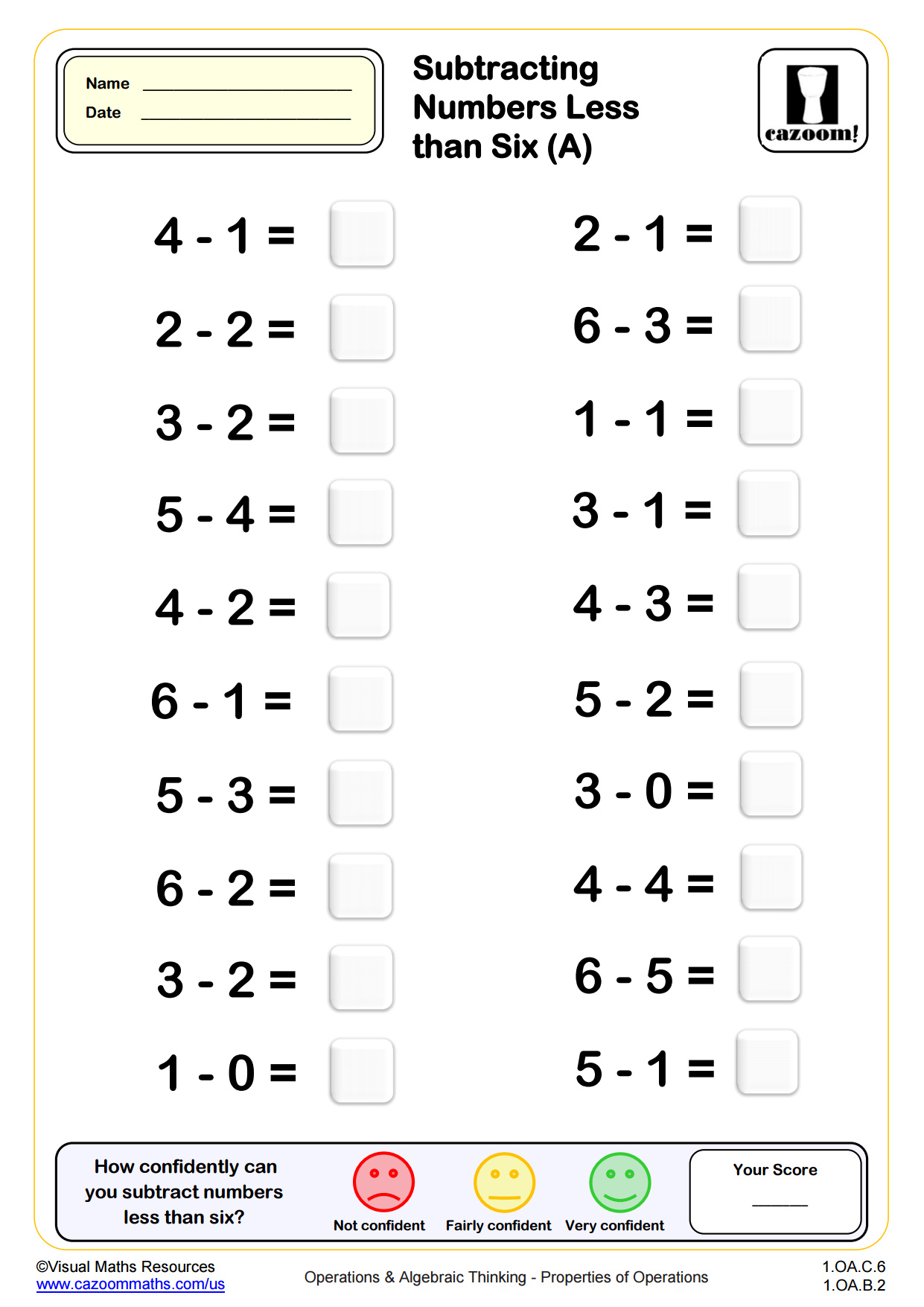 Preview of Subtracting Numbers Less Than 6 (A)