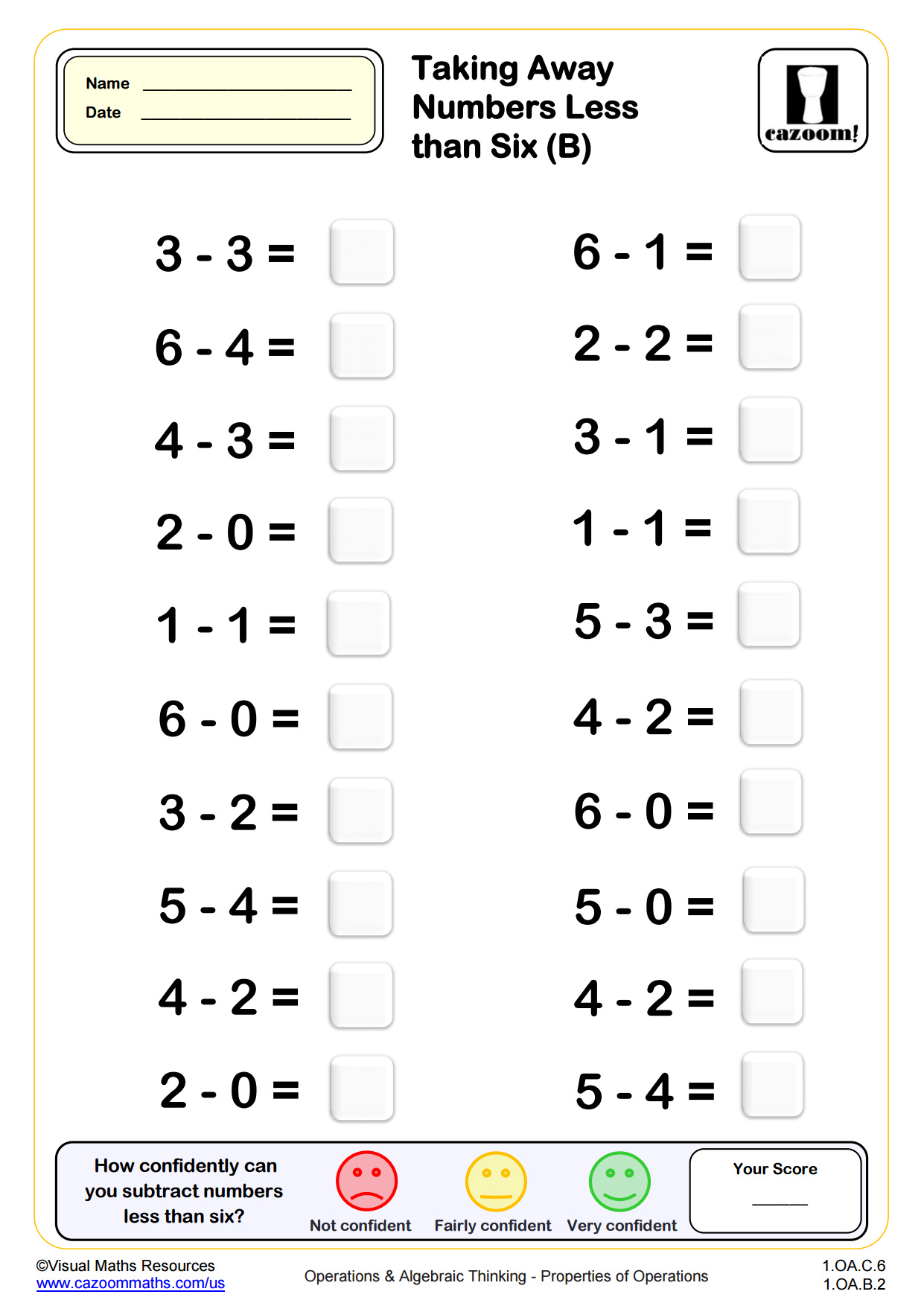 Preview of Subtracting Numbers Less Than 6 (B)