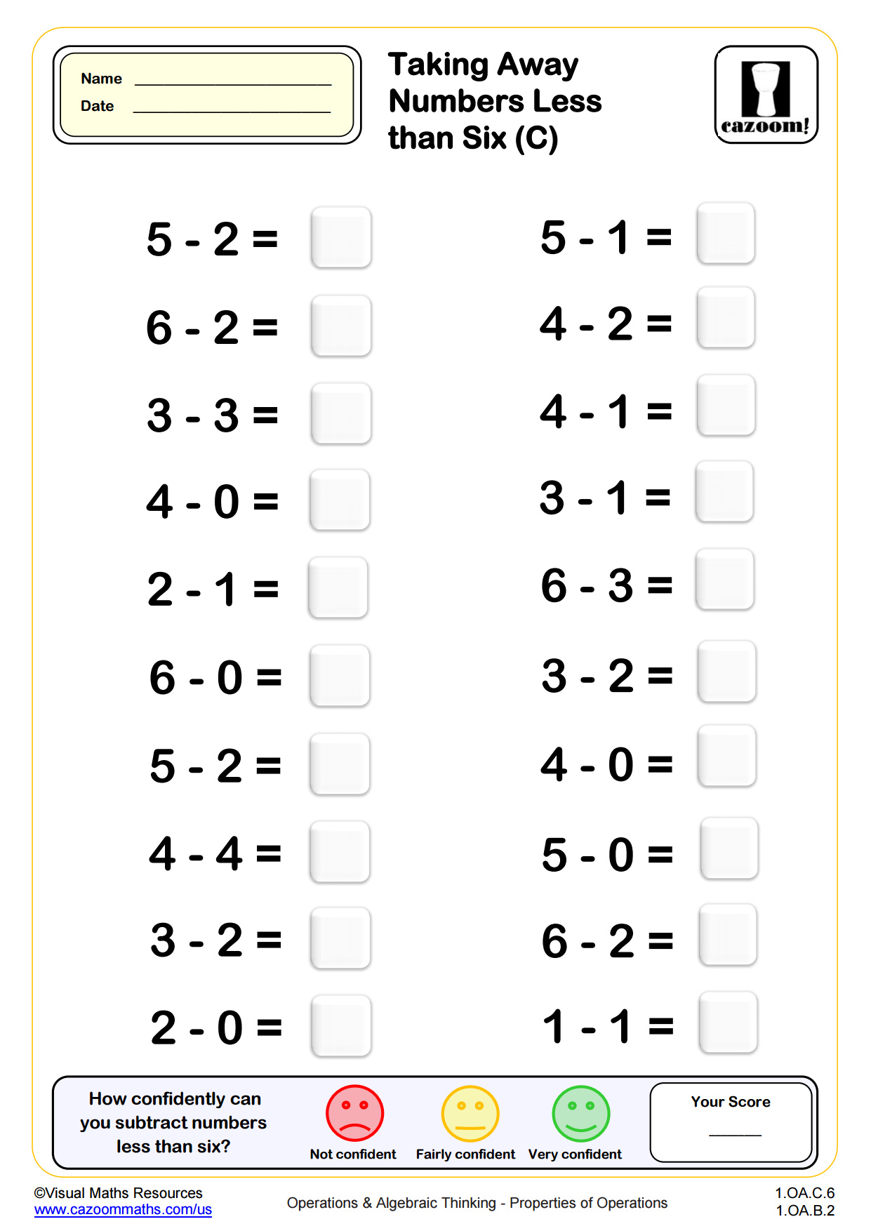 Preview of Subtracting Numbers Less Than 6 (C)
