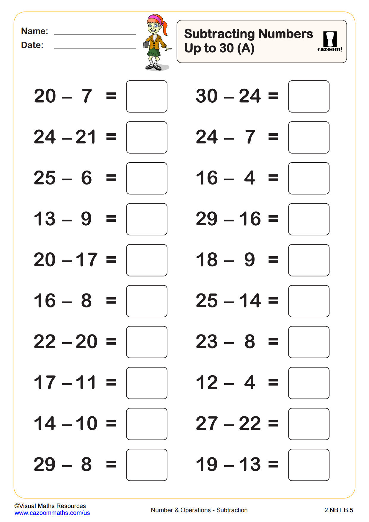 Preview of Subtracting Numbers Up to 30 (A)
