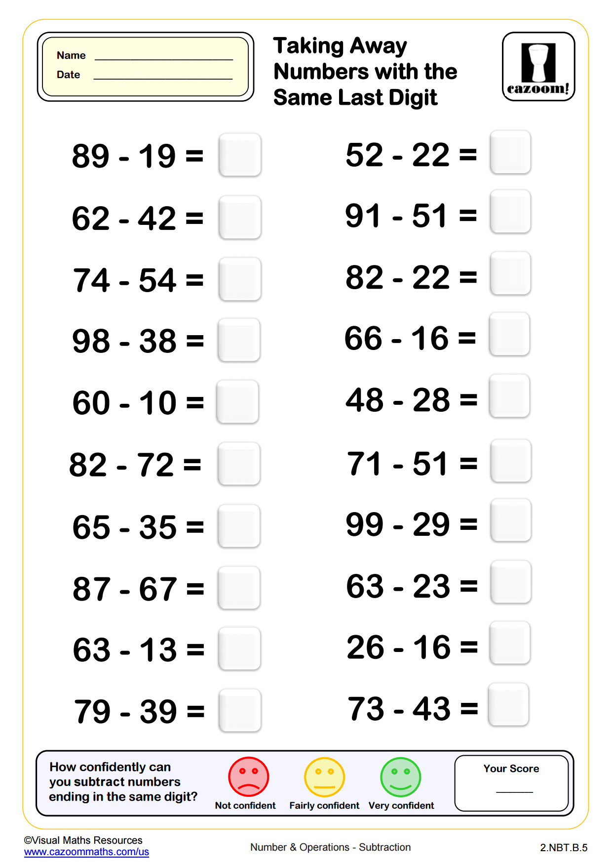 Preview of Subtracting Numbers with the Same Last Digit (20 questions)