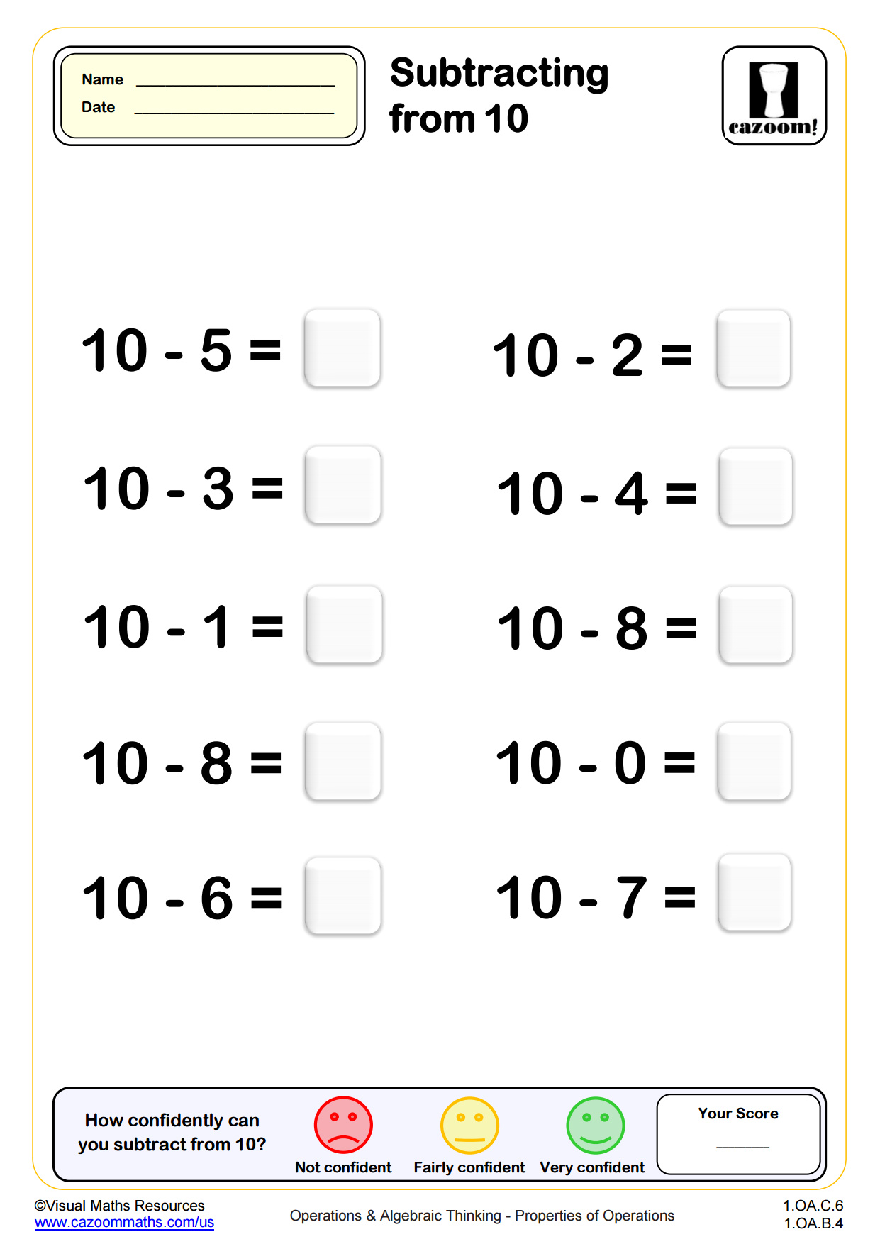 Preview of Subtracting from 10 Drills (10 questions)