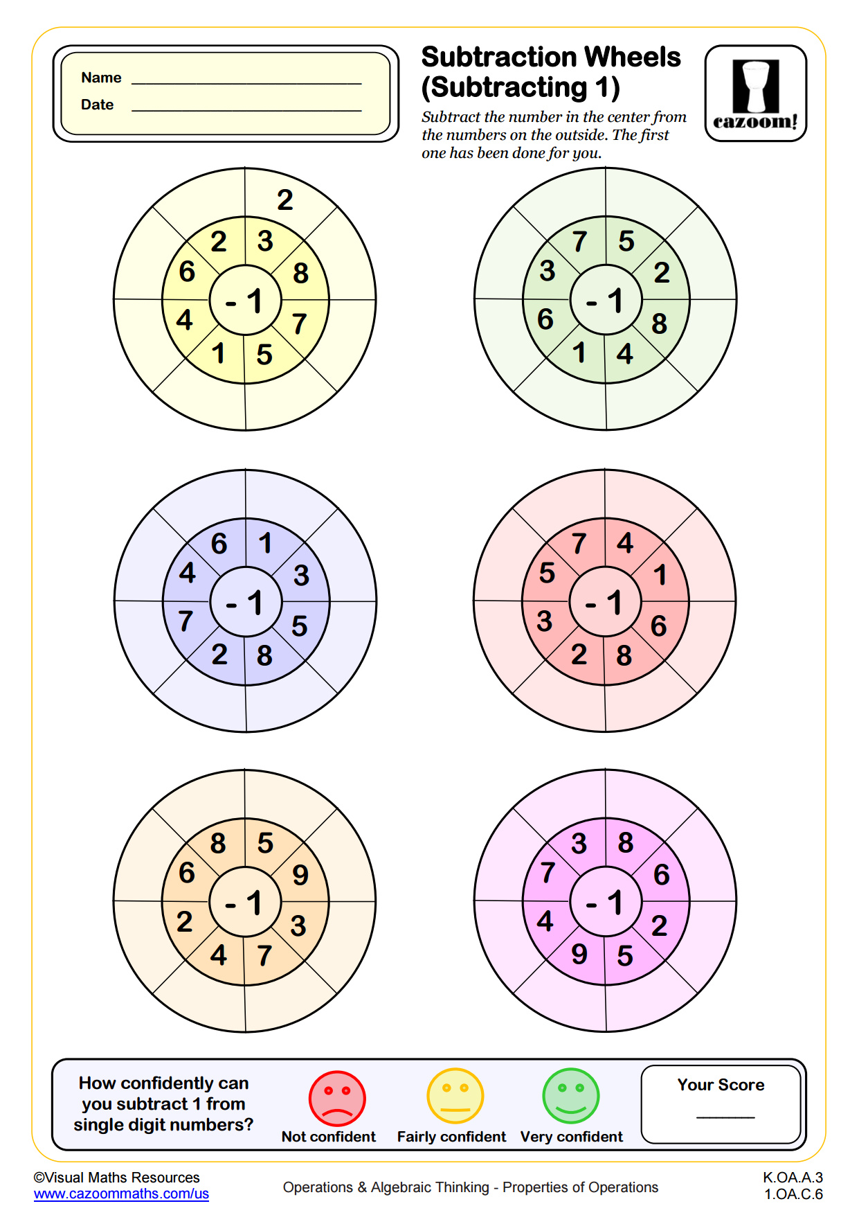 Preview of Subtraction Wheels (Subtracting 1)
