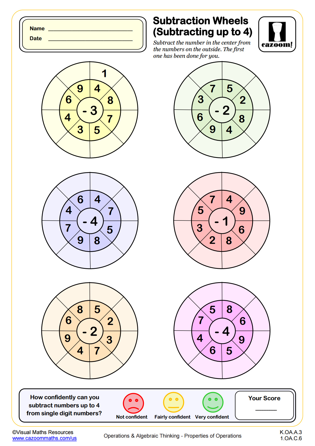 Preview of Subtraction Wheels (Subtracting up to 4)