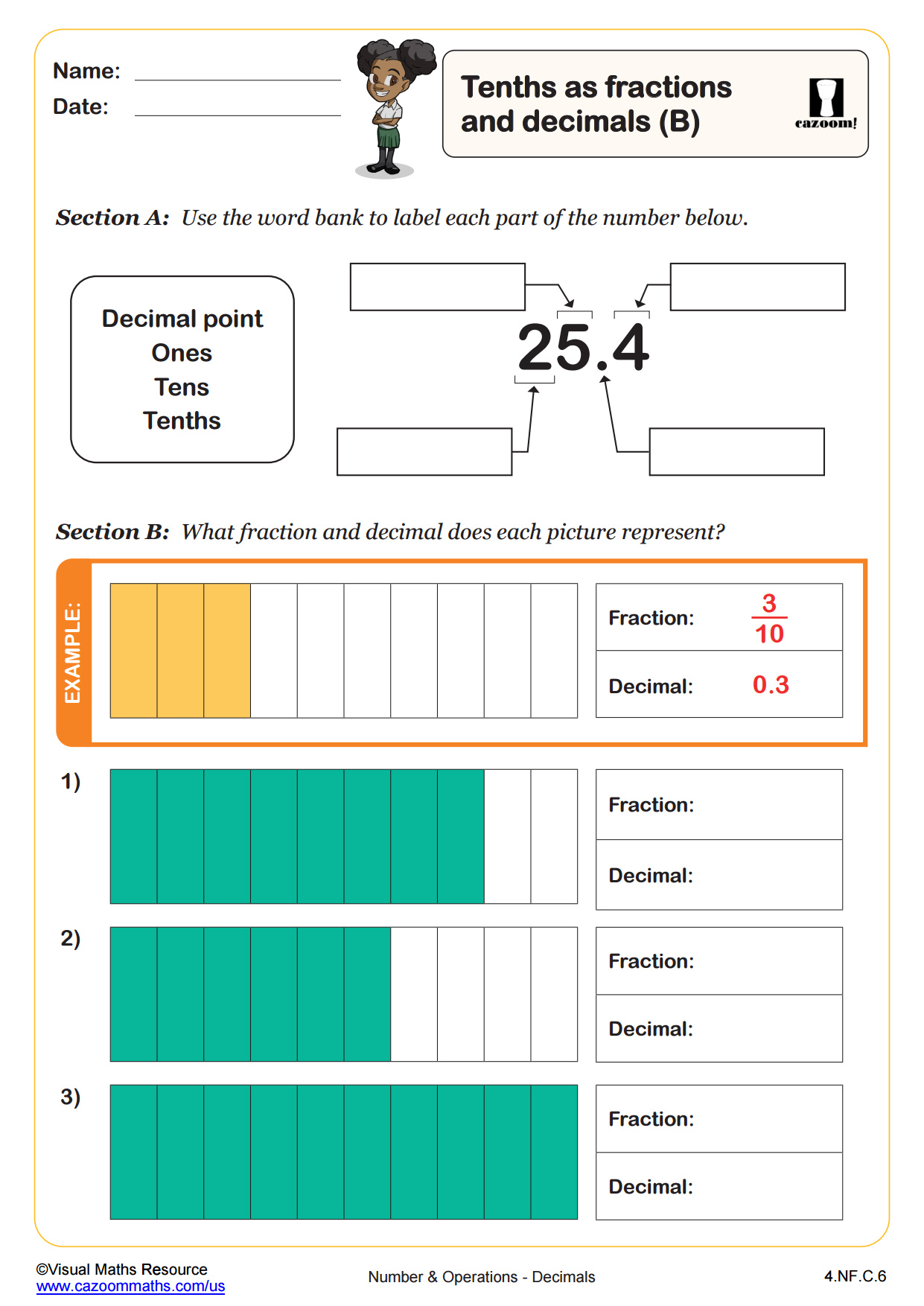 Preview of Tenths as Fractions and Decimals (B)