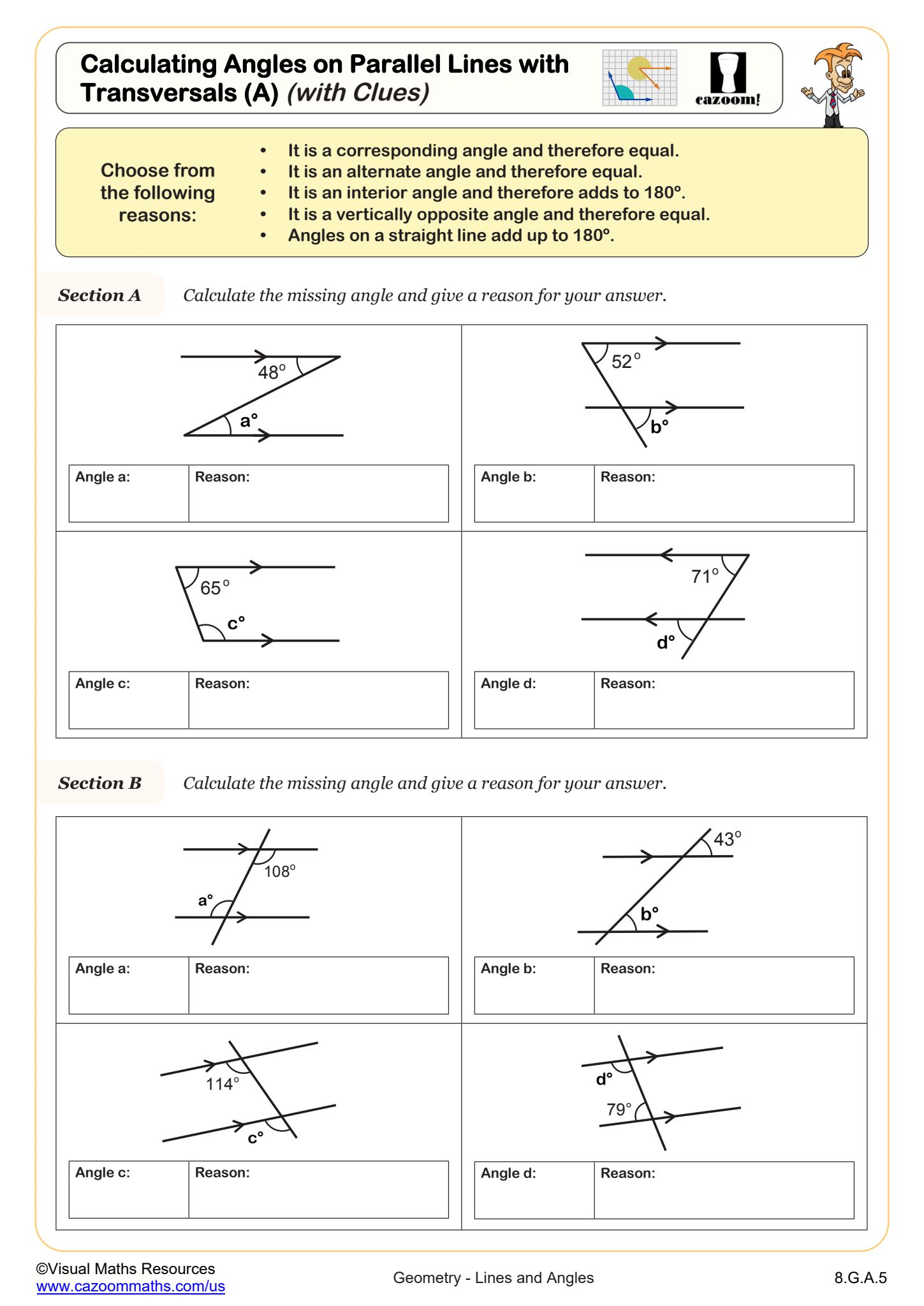 Preview of Calculating Angles on Parallel Lines with Transversals (A) (with clues)