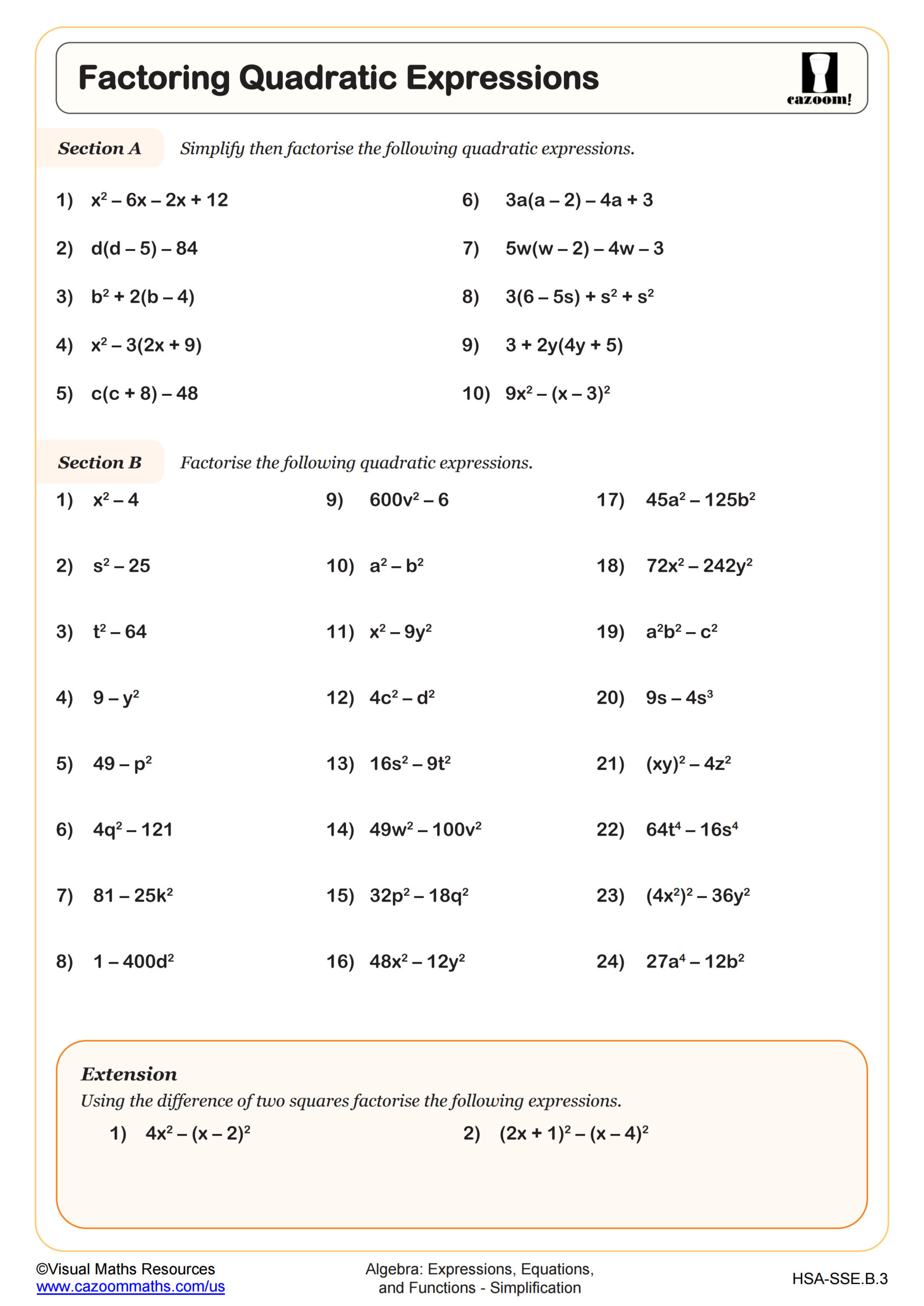 Factoring Quadratic Expressions Worksheet Scaled