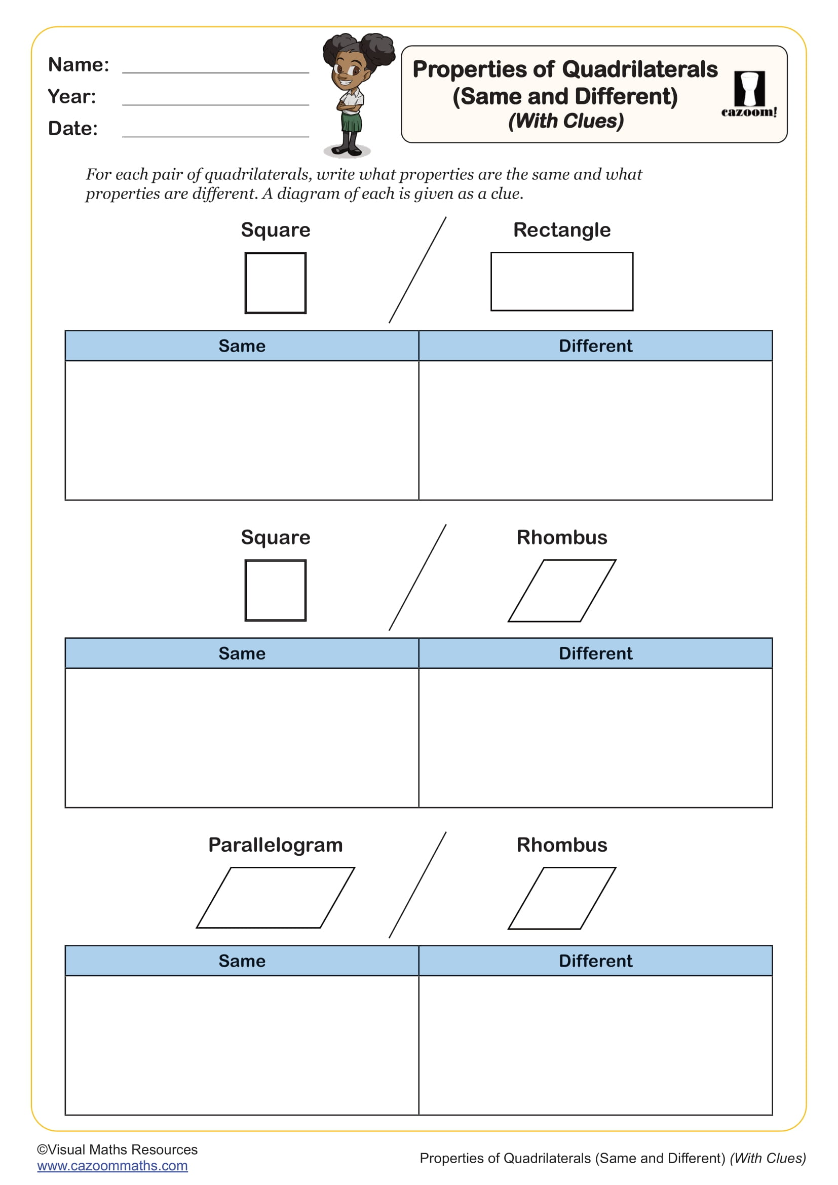 Preview of Properties of Quadrilaterals (Same and Different) (with clues)