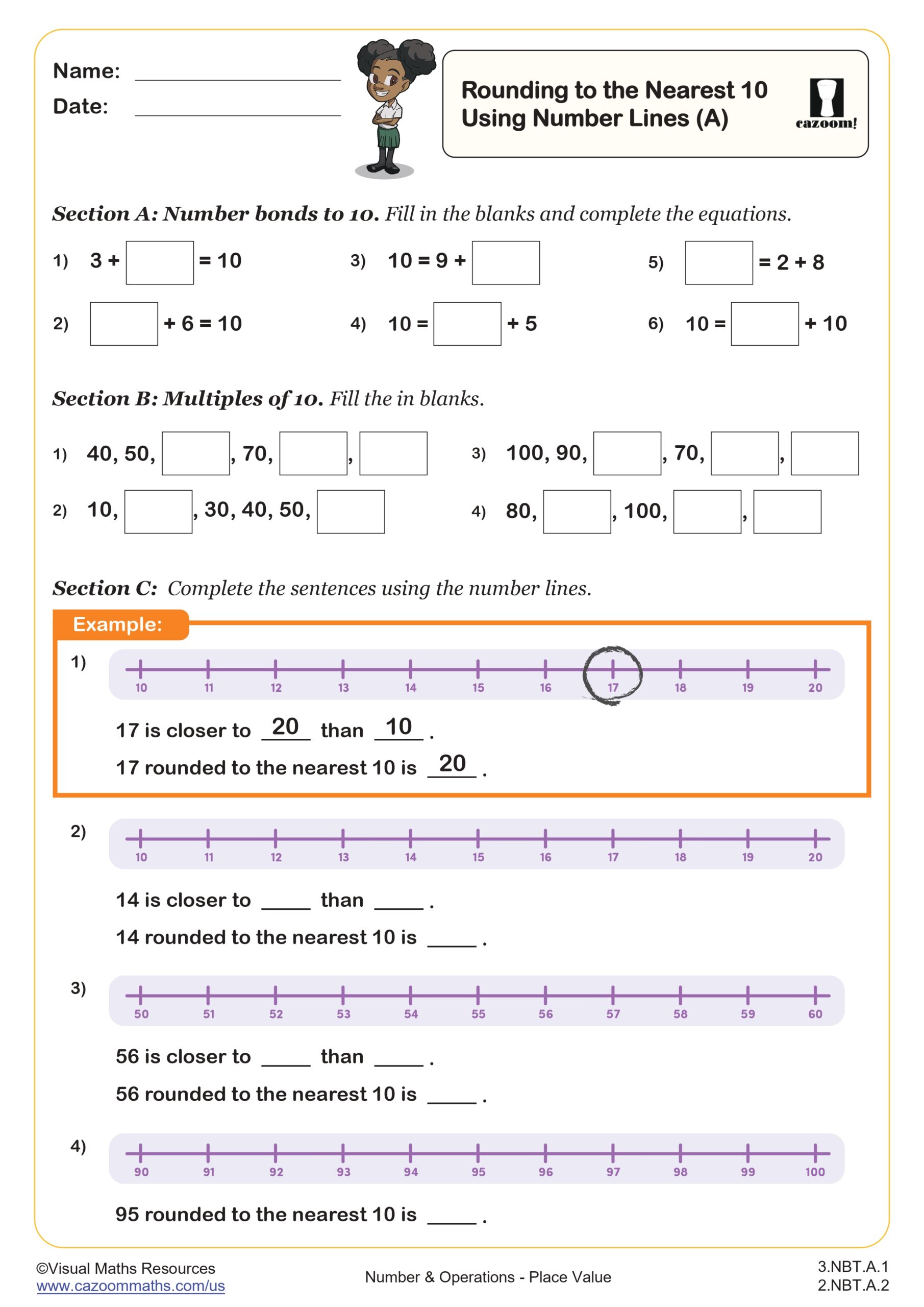 Preview of Rounding Numbers to the Nearest 10 Using Number Lines (A)