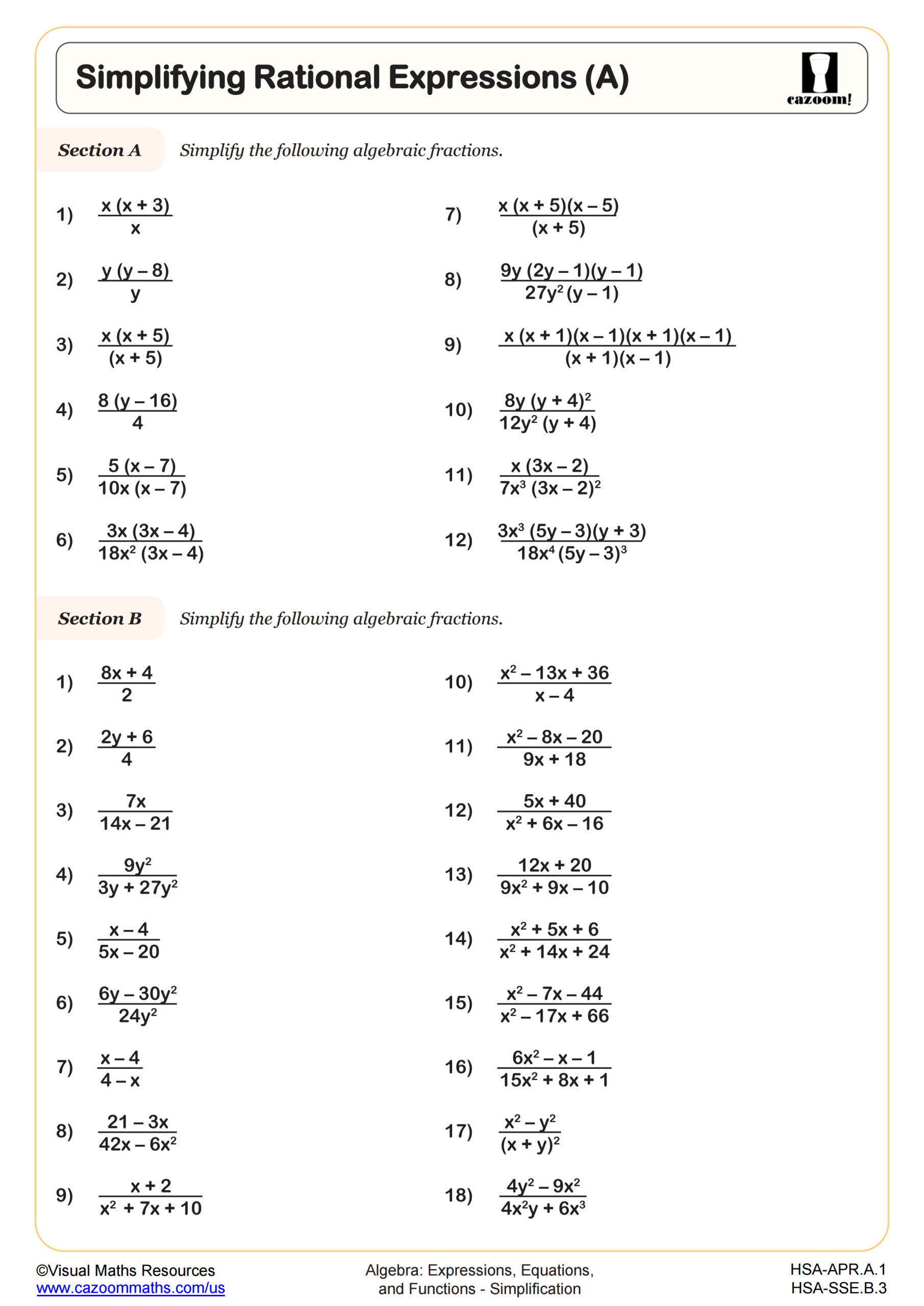 Simplifying Rational Expressions A Worksheet Scaled