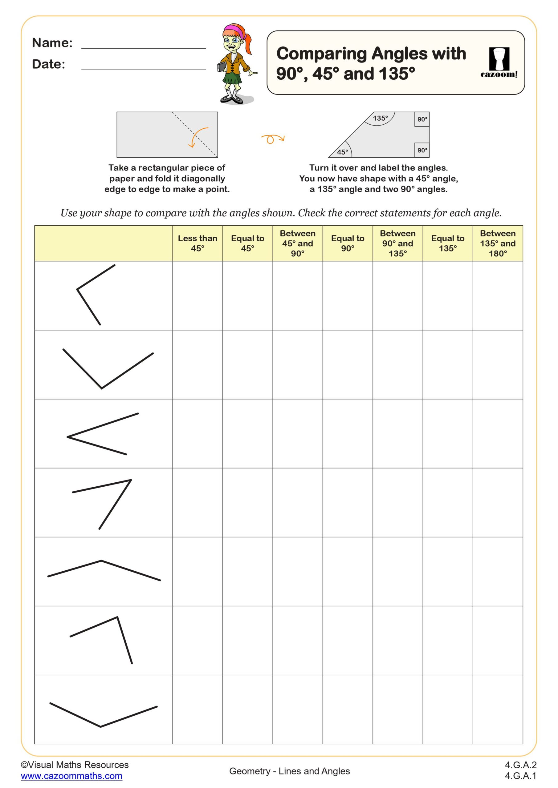 Preview of Comparing angles with 90 degrees, 45 degrees and 135 degrees
