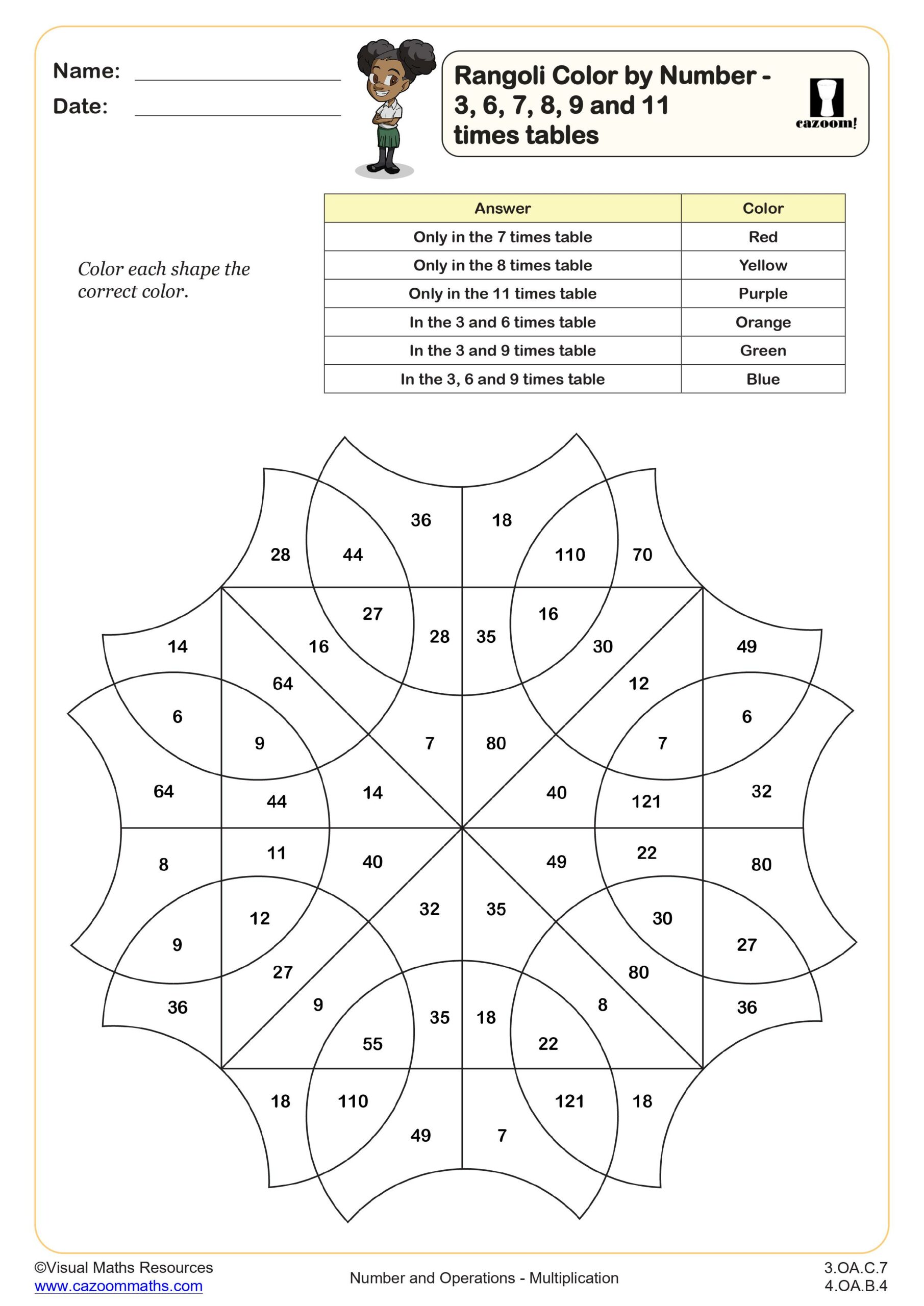 Preview of Rangoli Color by Number - 3, 6, 7, 8, 9 and 11 times tables