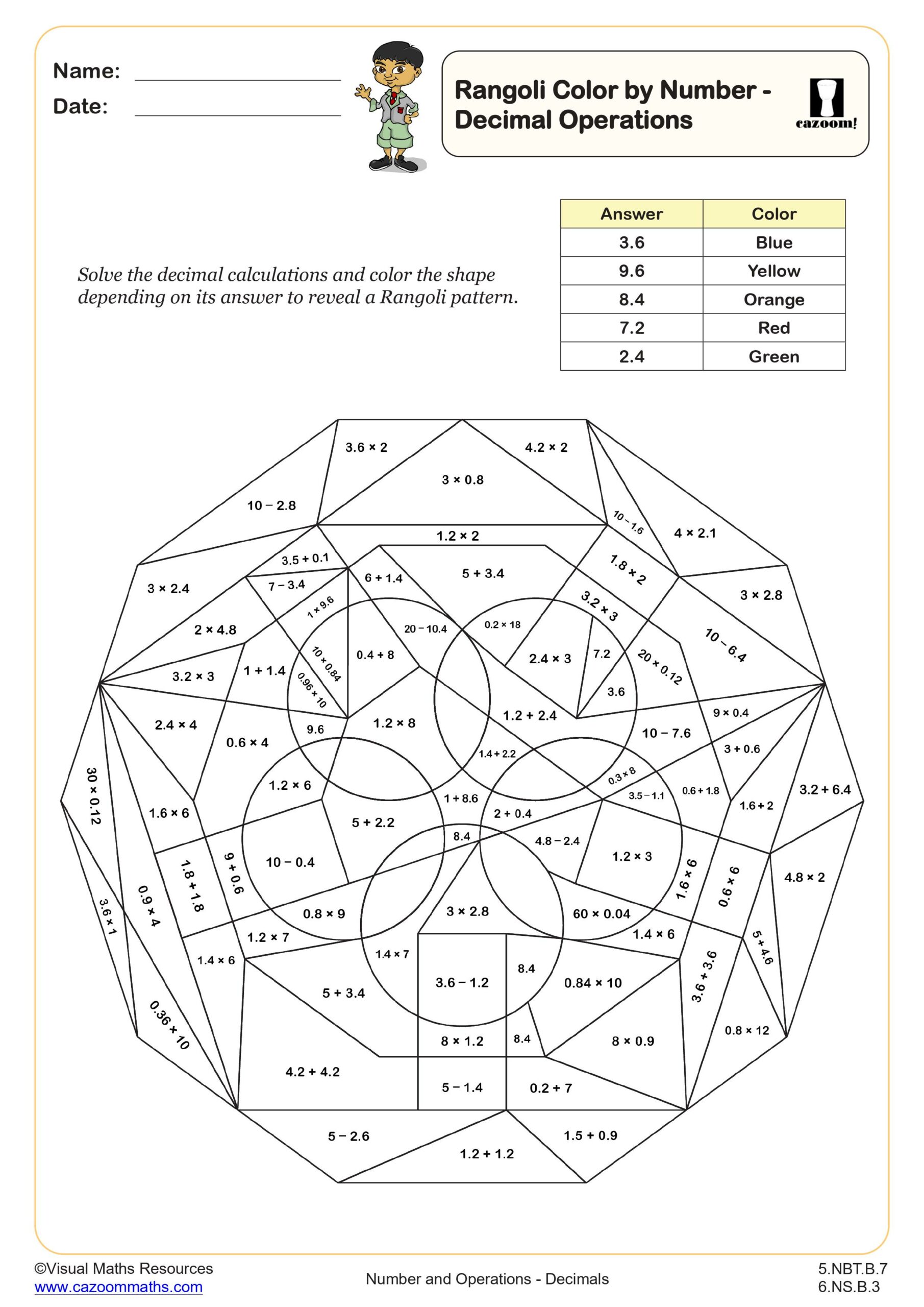 Preview of Rangoli Color by Number - Decimal Operations