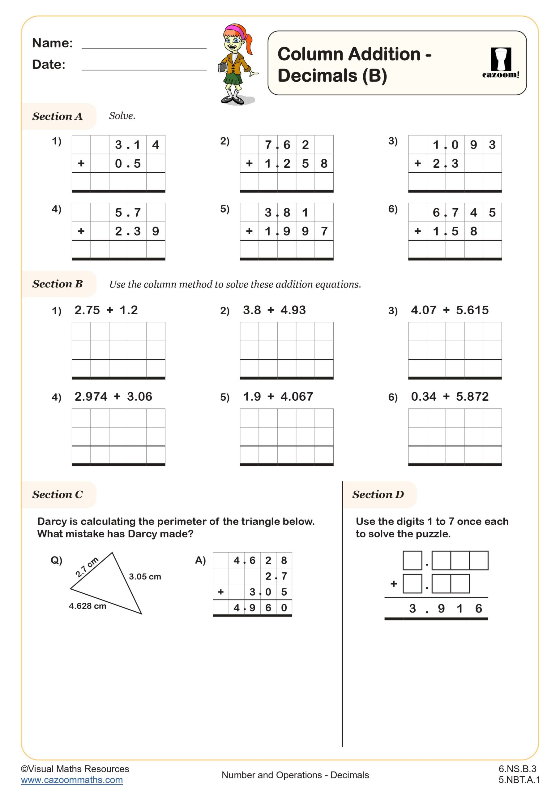 Preview of Column Addition - Decimals B