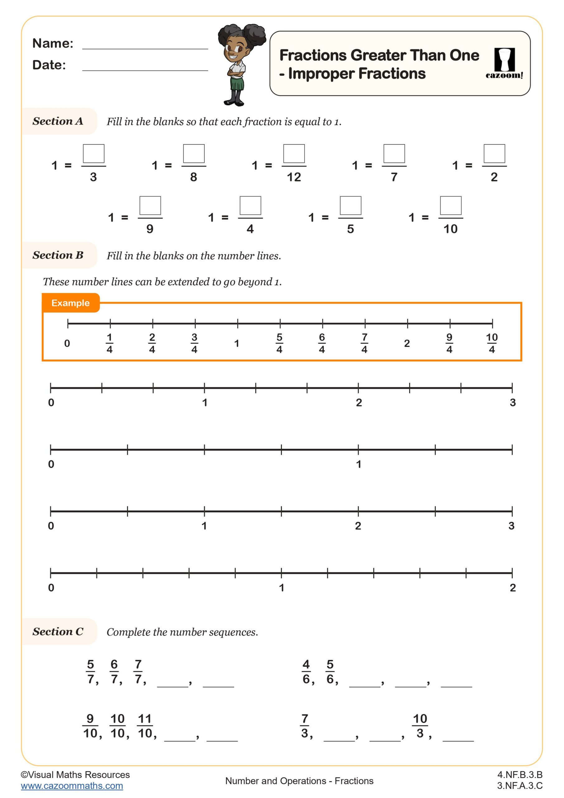 Preview of Fractions Greater Than One - Improper Fractions