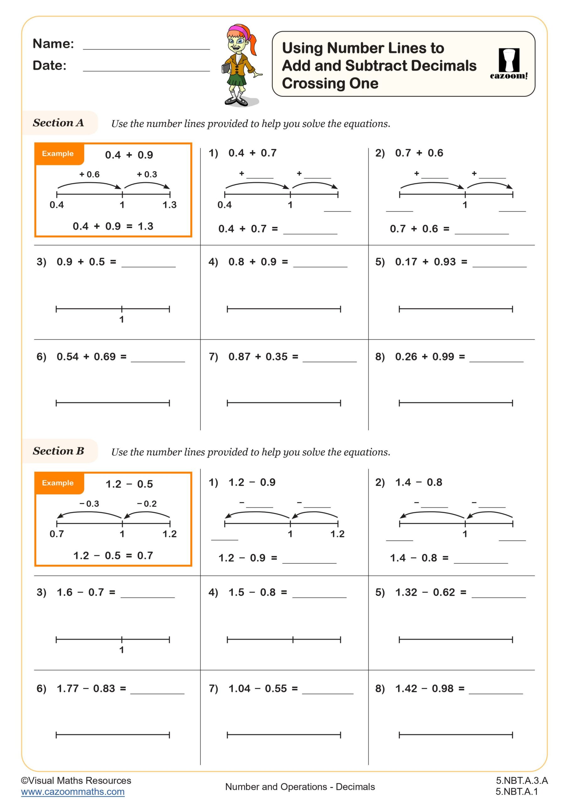 Preview of Using Number Lines to Add and Subtract Decimals Crossing One