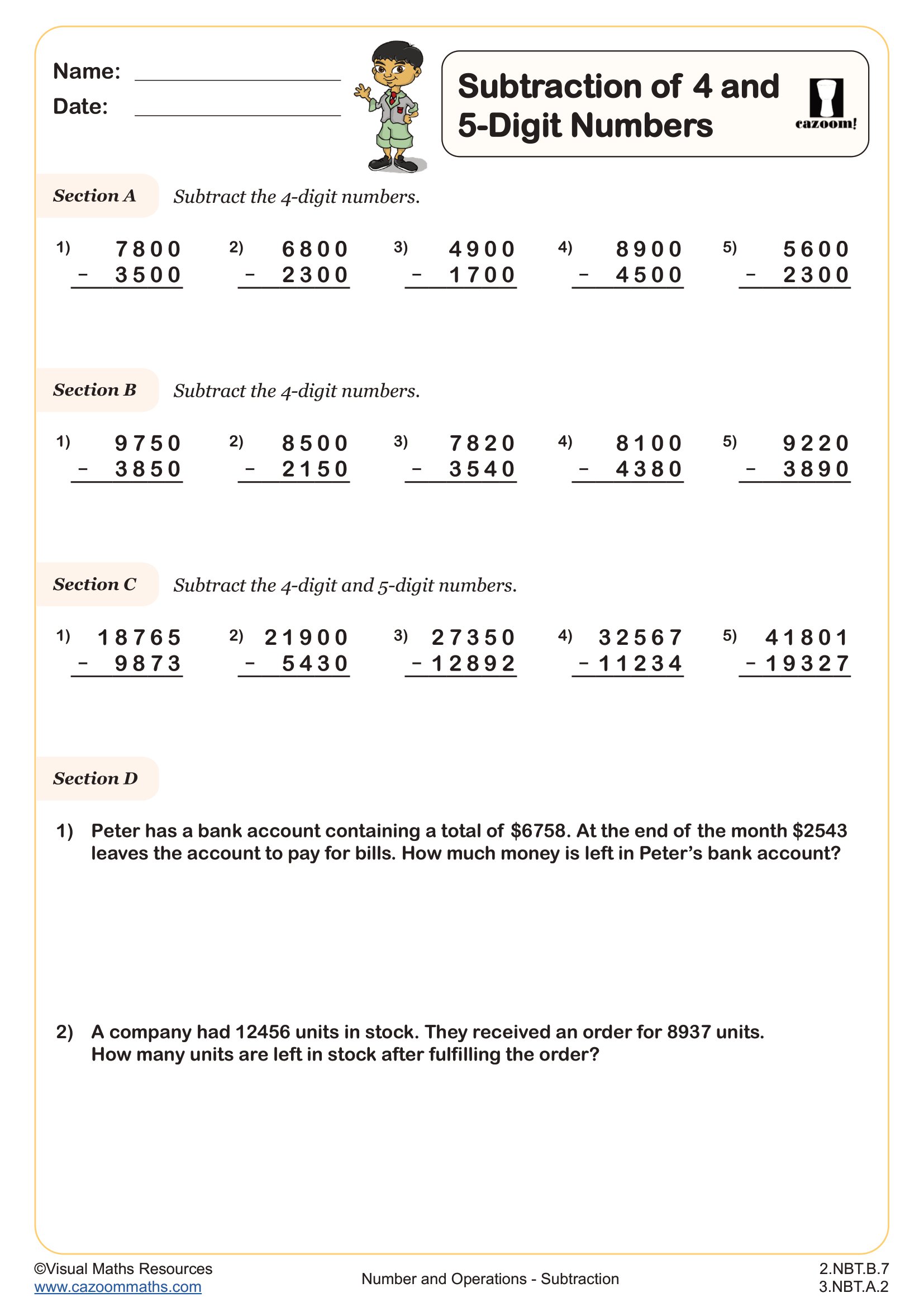 Preview of Subtraction of 4 and 5-digit Numbers