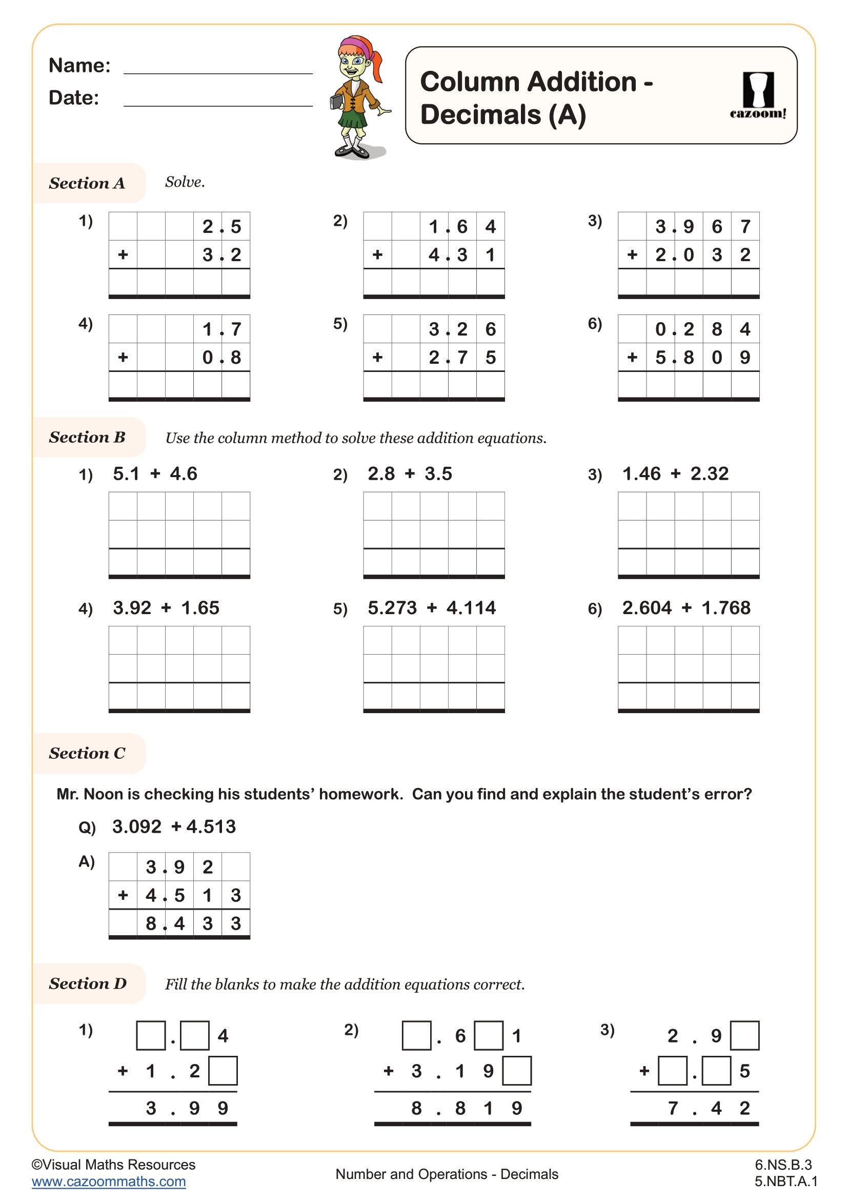 Preview of Column Addition - Decimals A