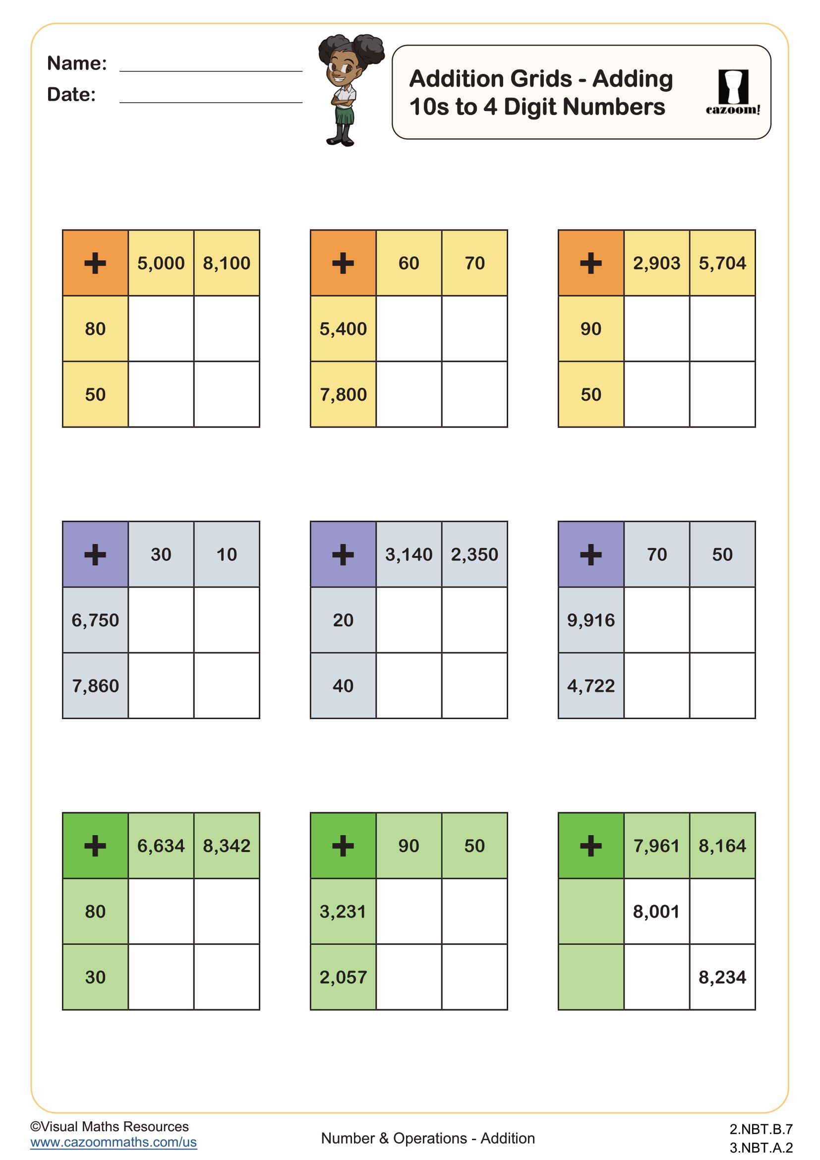 Preview of Addition Grids Adding 10s to 4 Digit Numbers