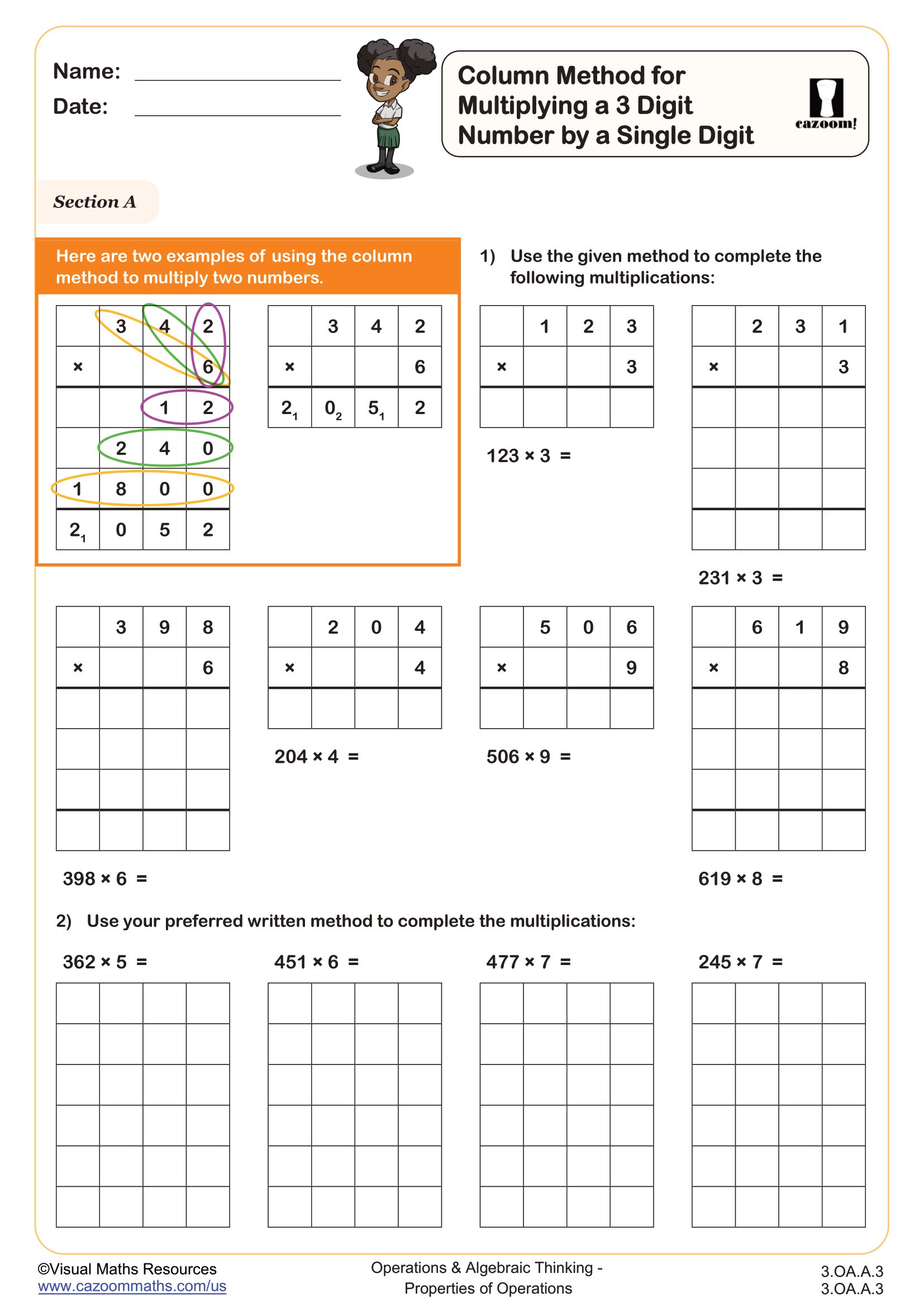 Preview of Column Method for Multiplying a 3 Digit Number by a Single Digit