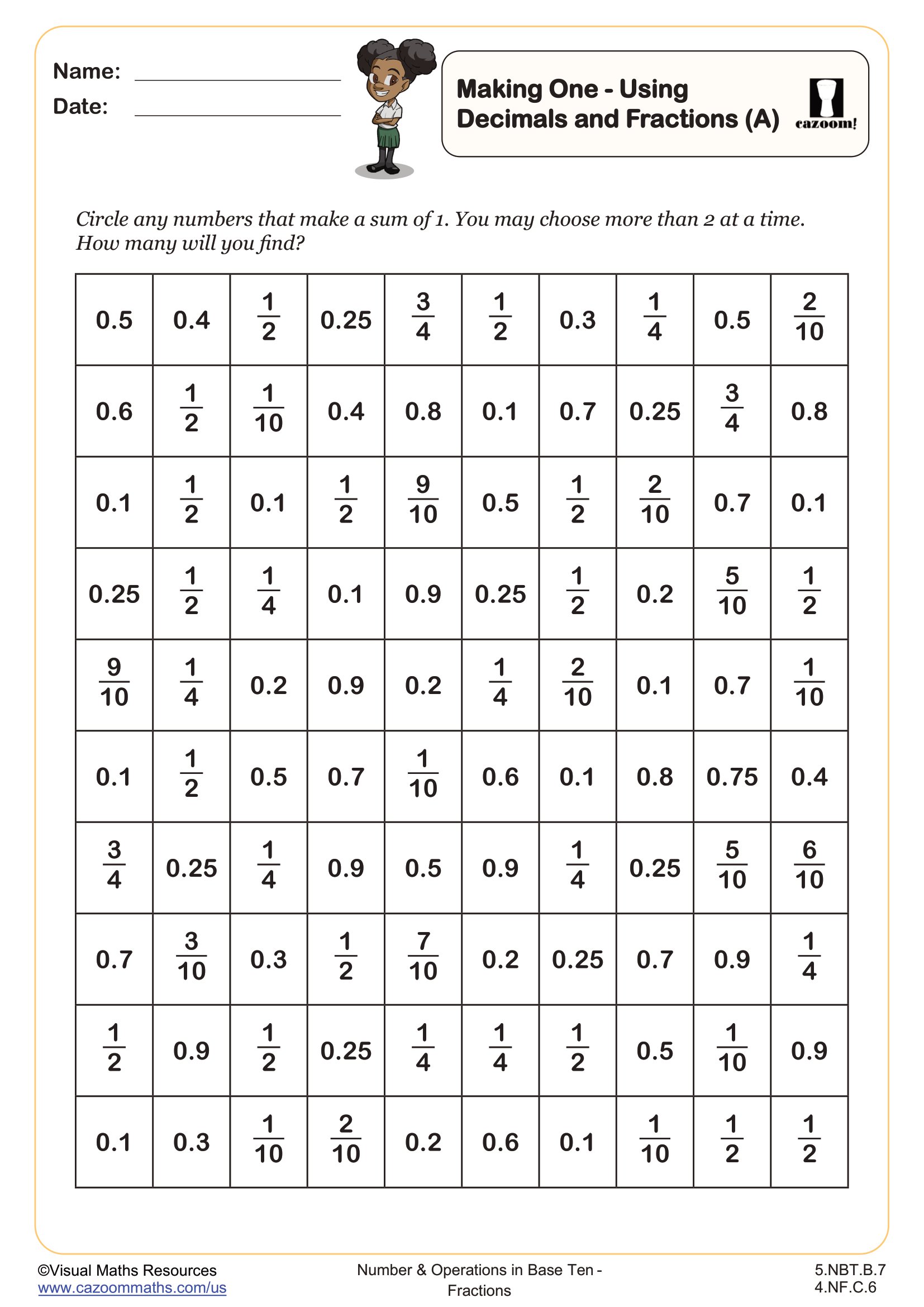 Preview of Making One Using Decimals and Fractions (A)
