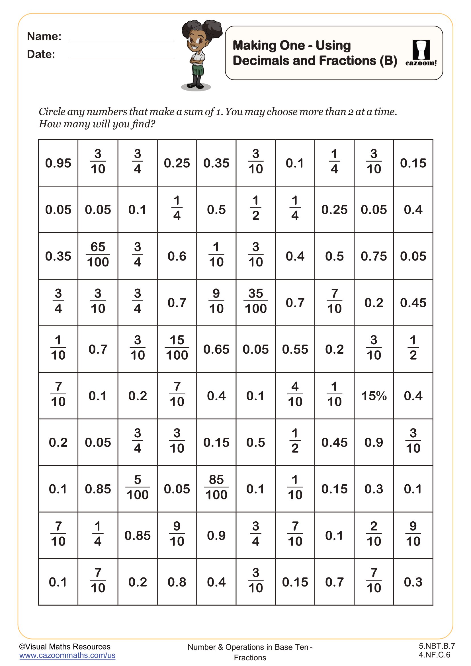 Preview of Making One Using Decimals and Fractions (B)
