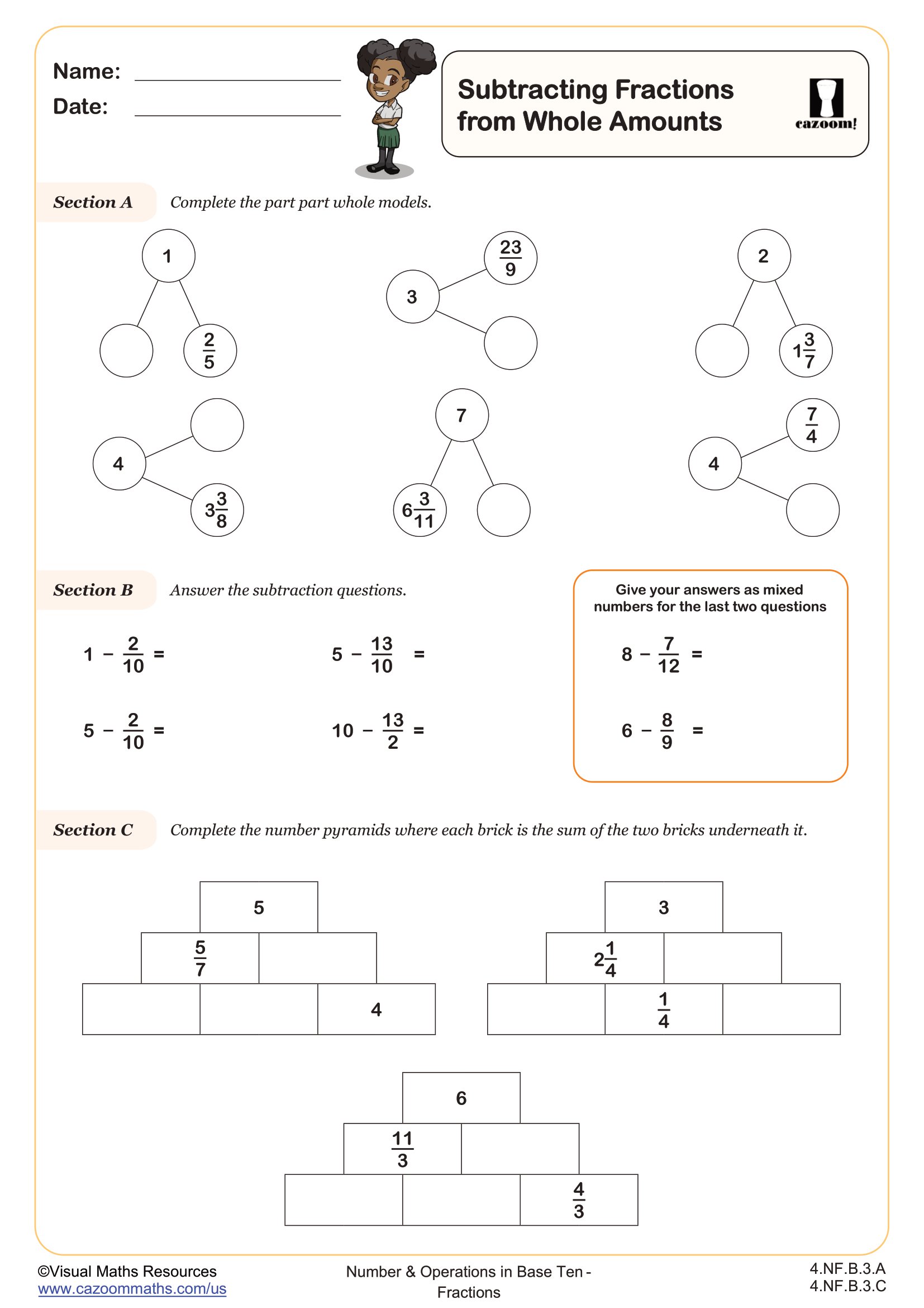 Preview of Subtracting Fractions from Whole Amounts