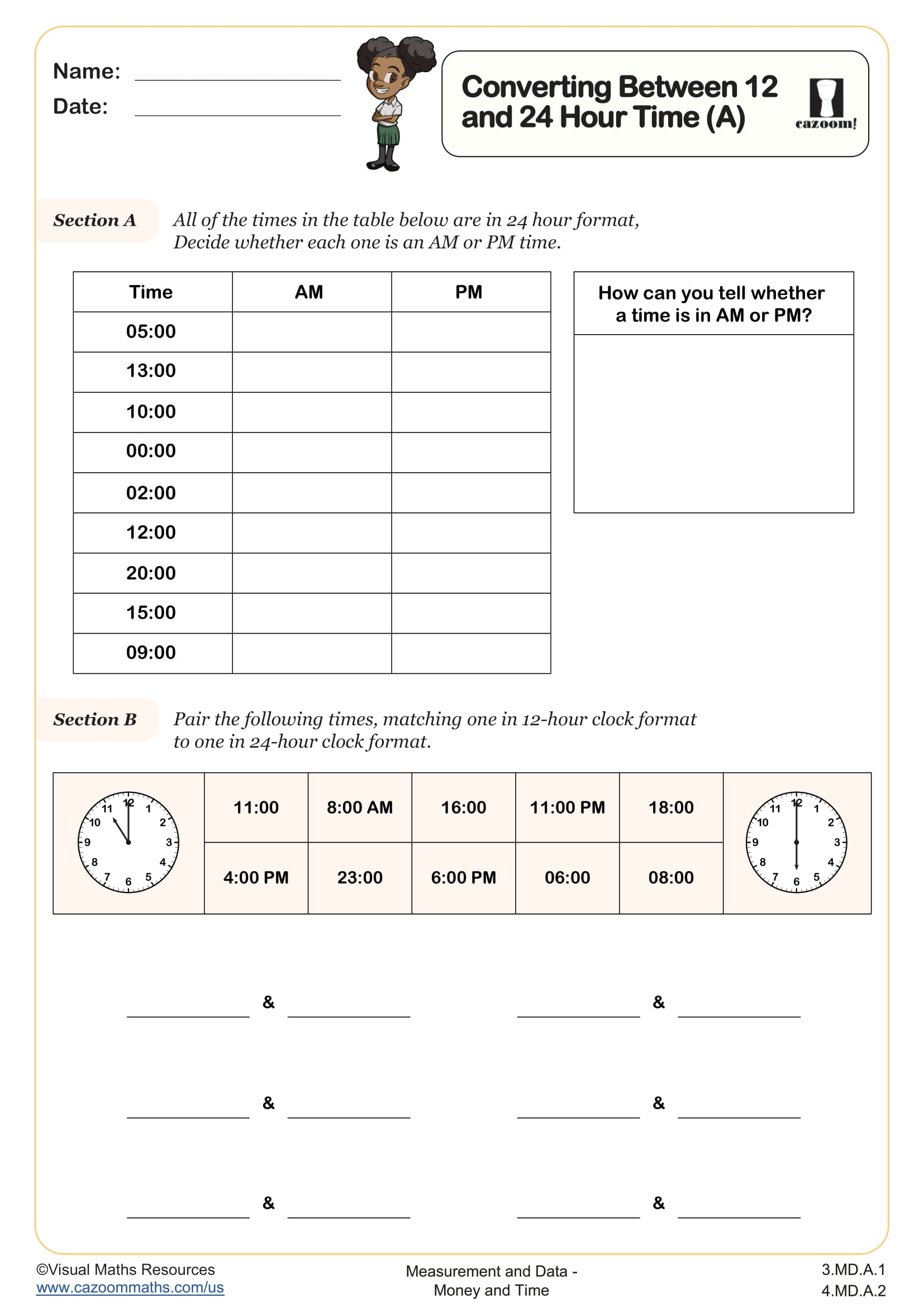 Preview of Converting Between 12 and 24 Hour Time (A)